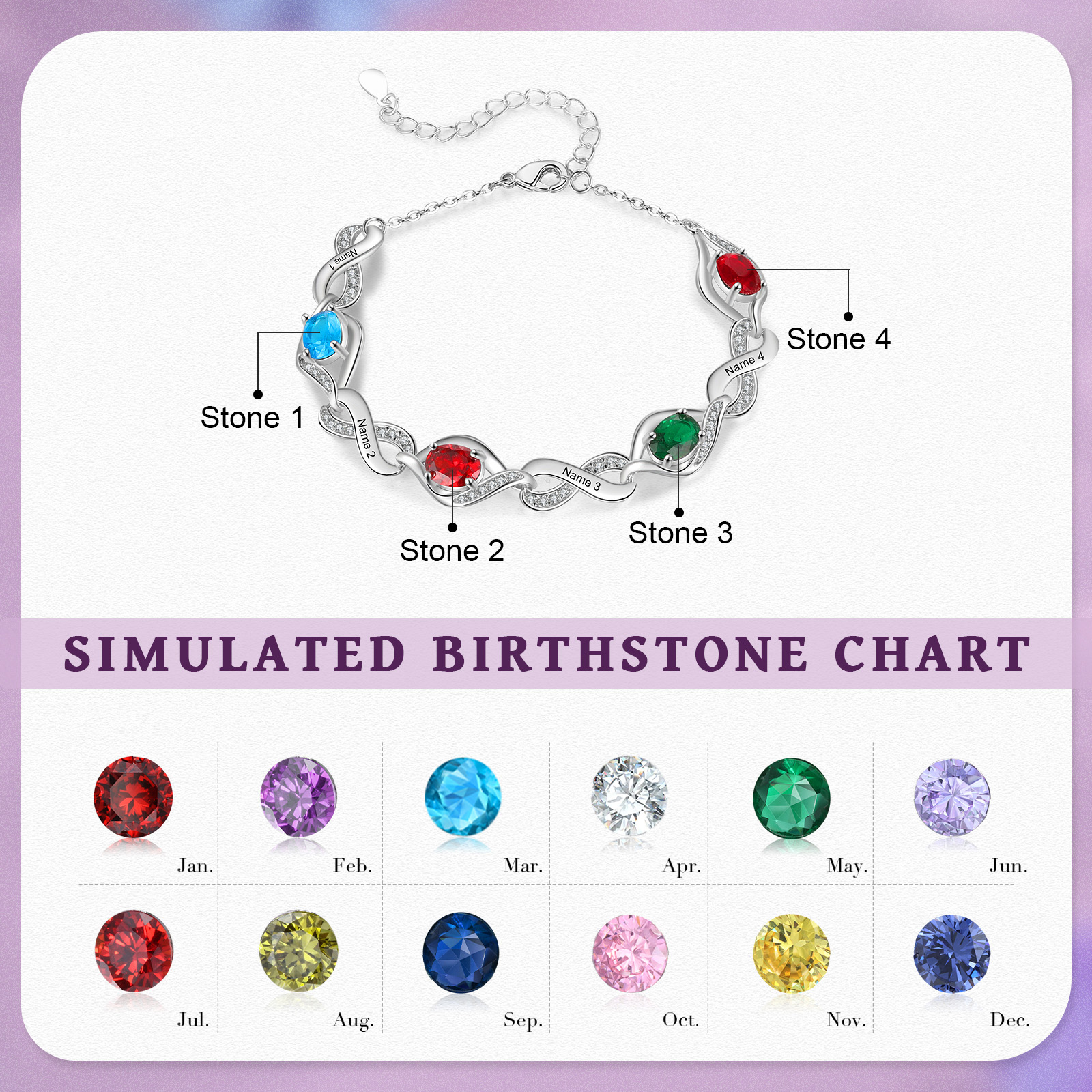Personalised Bracelet with 4 Names & Birthstones A Unique Gift for Friends