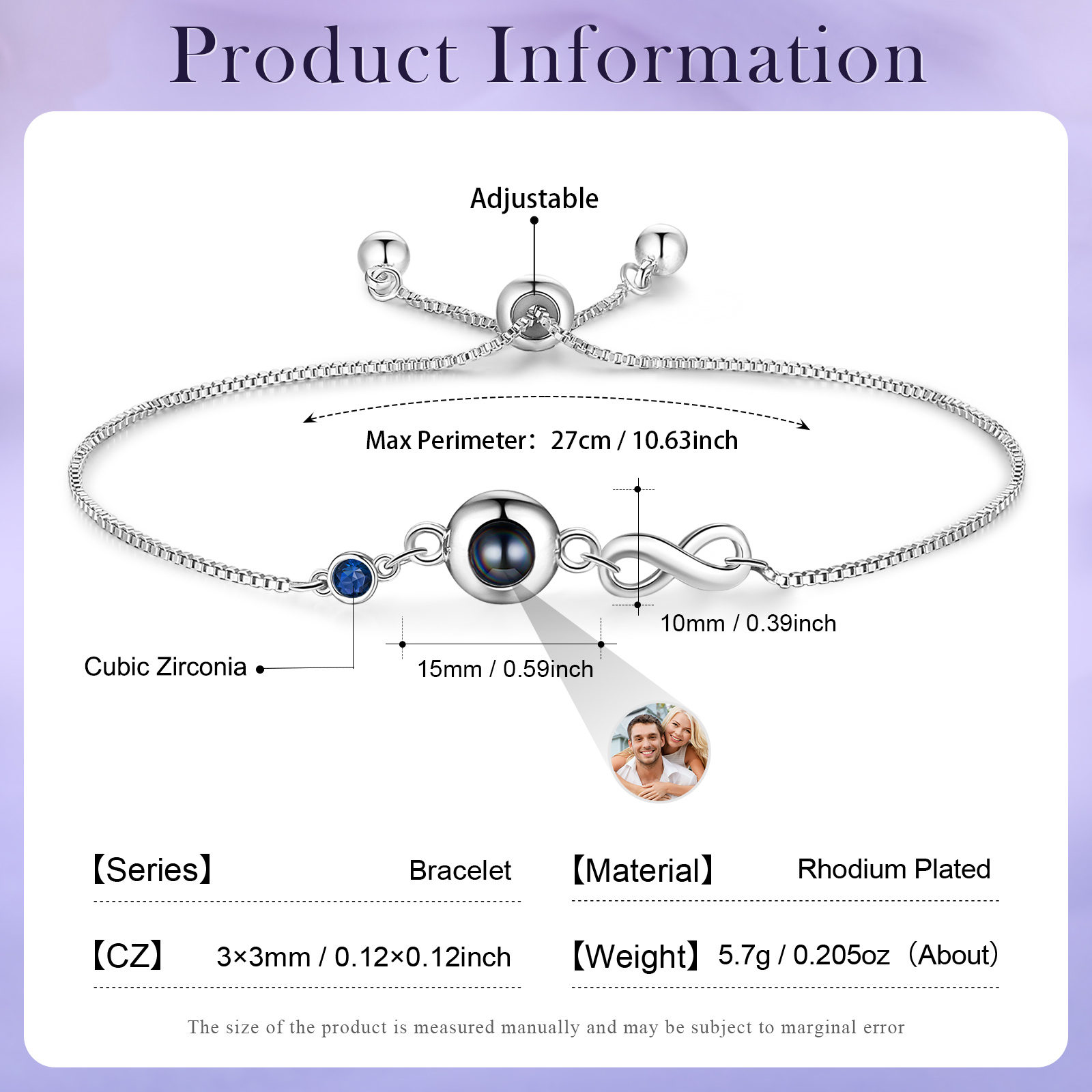 Personalised Infinity Projection Bracelet with 1 Photo & Birthstone Projection Bracelet in Silver or Rose Gold Gift for Her