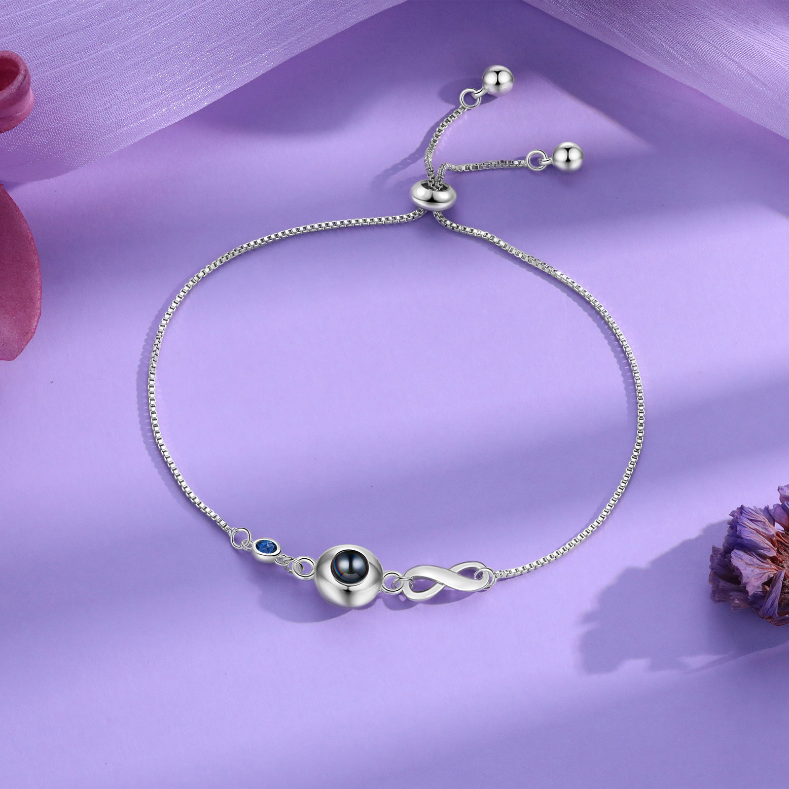 Personalised Infinity Projection Bracelet with 1 Photo & Birthstone Projection Bracelet in Silver or Rose Gold Gift for Her