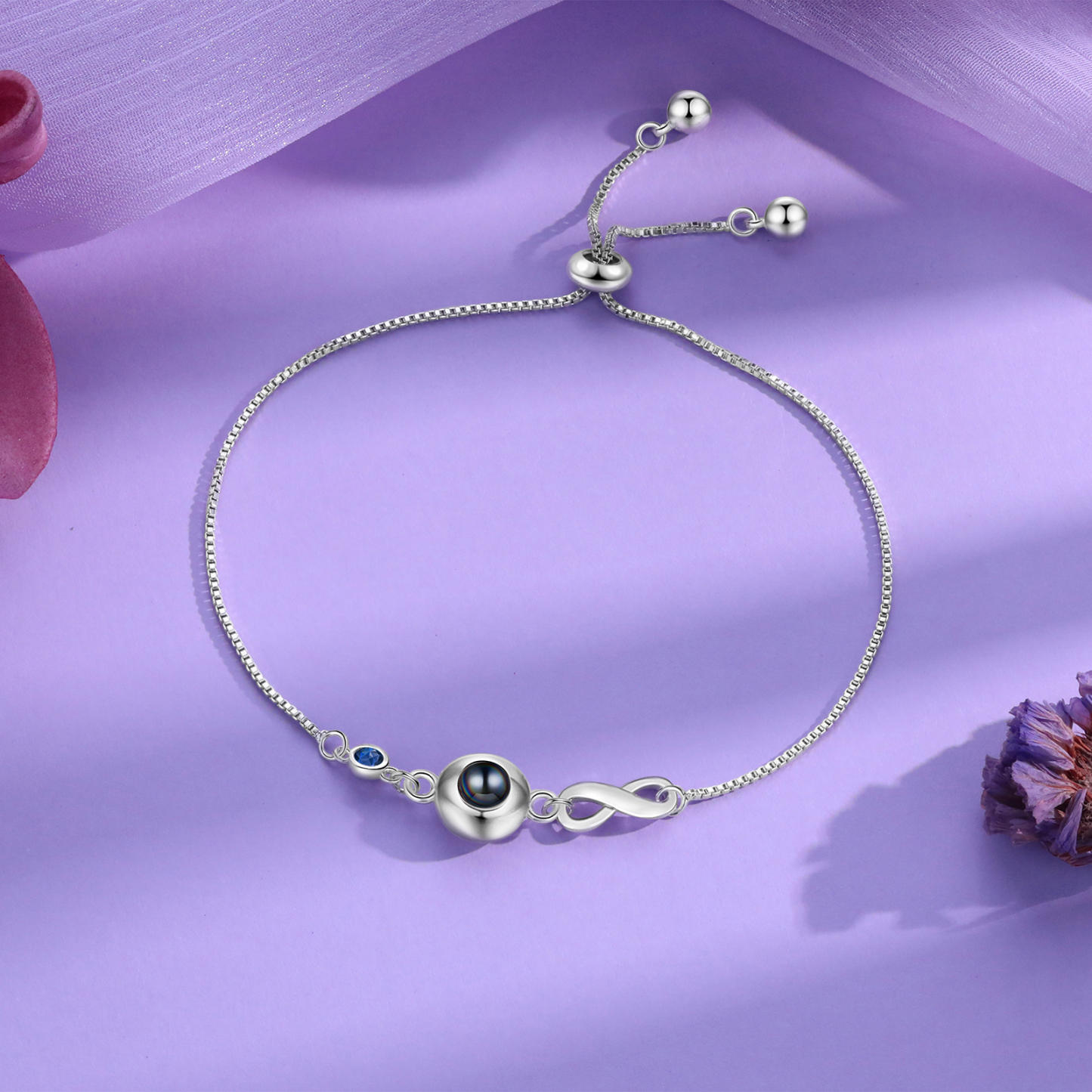 Personalised Infinity Projection Bracelet with 1 Photo & Birthstone Projection Bracelet in Silver or Rose Gold Gift for Her