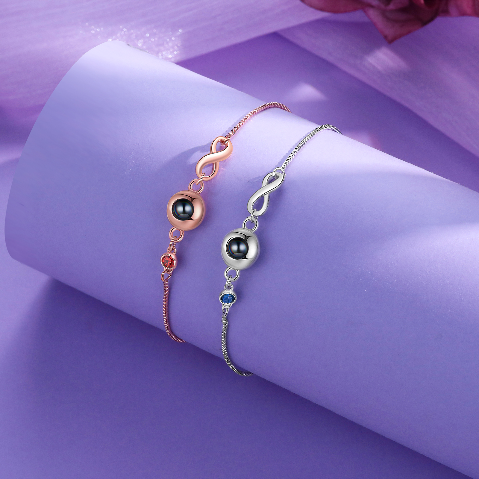 Personalised Infinity Projection Bracelet with 1 Photo & Birthstone Projection Bracelet in Silver or Rose Gold Gift for Her
