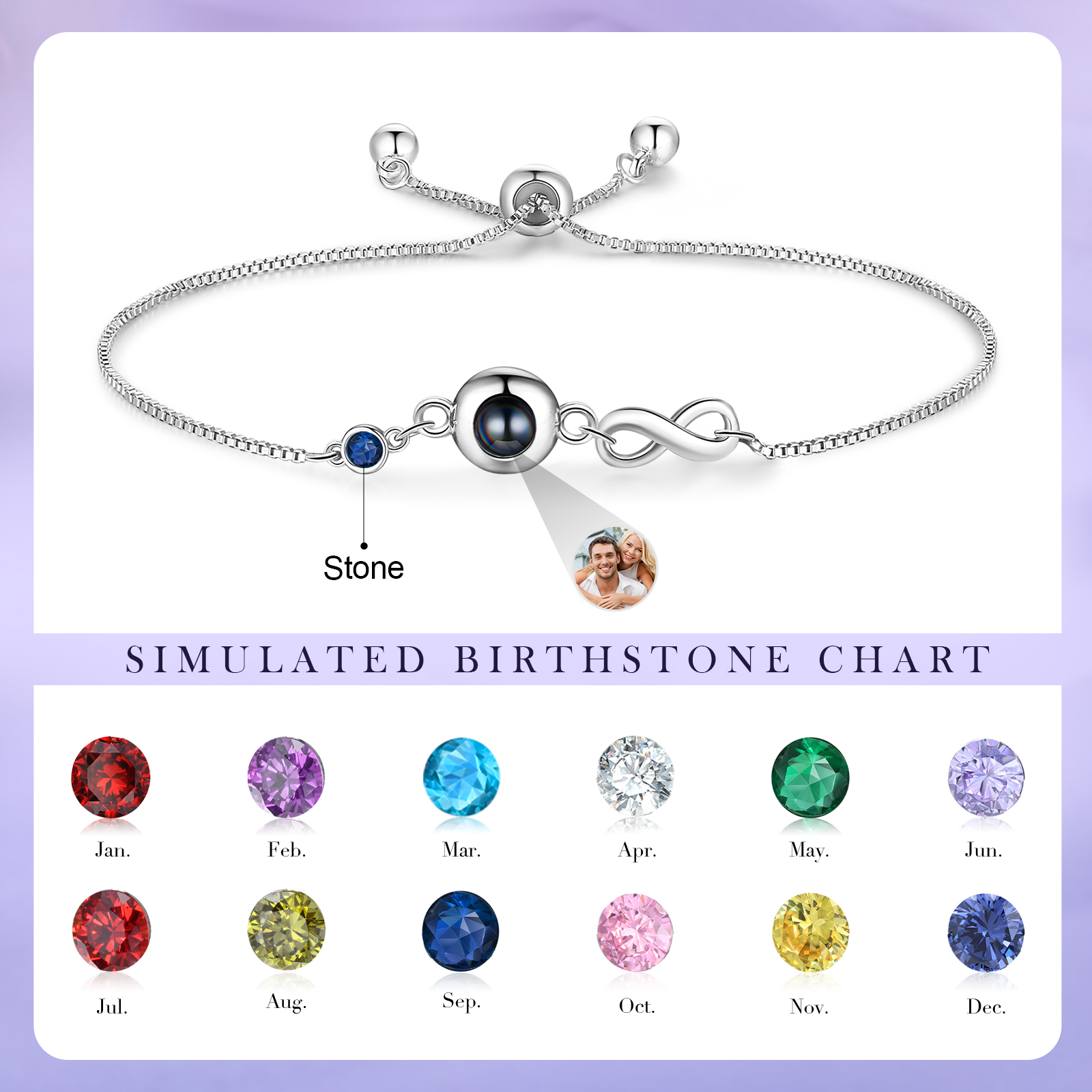 Personalised Infinity Projection Bracelet with 1 Photo & Birthstone Projection Bracelet in Silver or Rose Gold Gift for Her