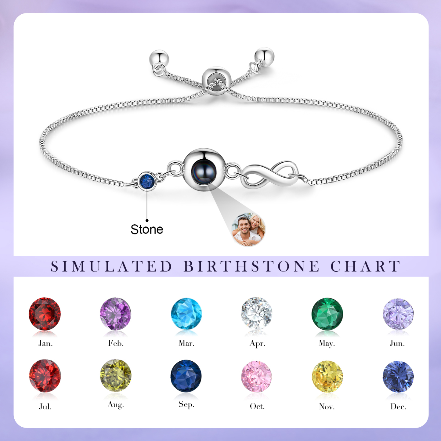 Personalised Infinity Projection Bracelet with 1 Photo & Birthstone Projection Bracelet in Silver or Rose Gold Gift for Her