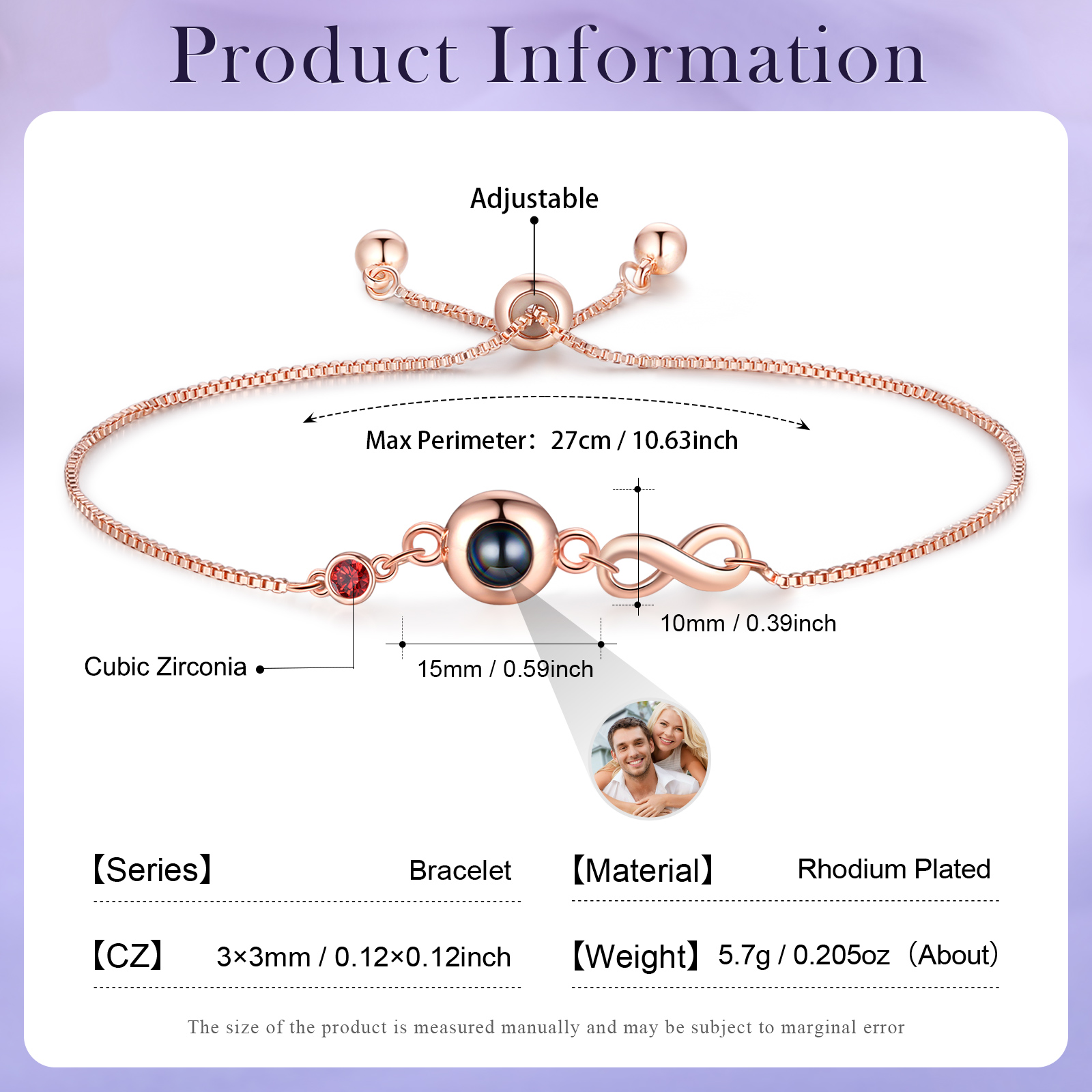Personalised Infinity Projection Bracelet with 1 Photo & Birthstone Projection Bracelet in Silver or Rose Gold Gift for Her