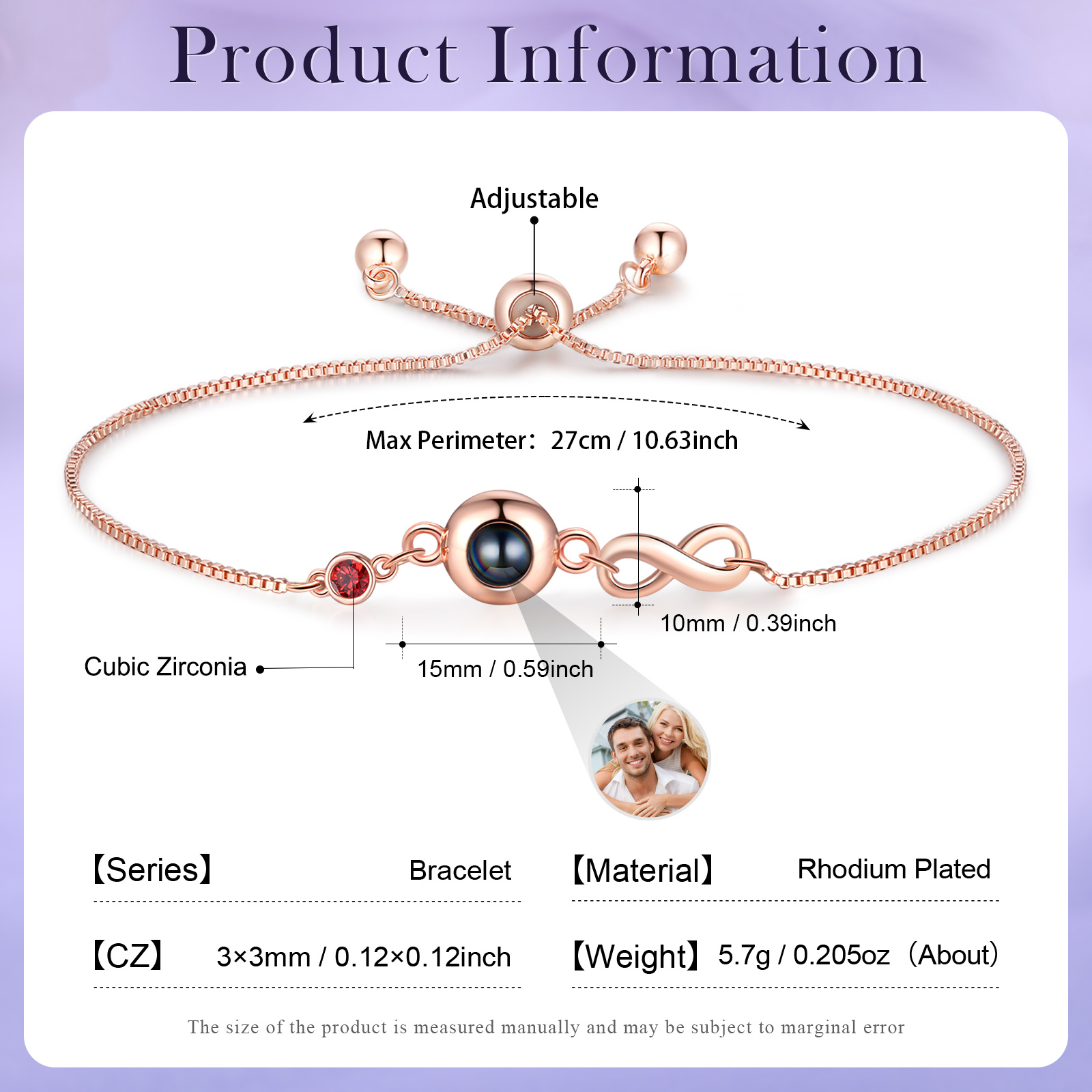 Personalised Infinity Projection Bracelet with 1 Photo & Birthstone Projection Bracelet in Silver or Rose Gold Gift for Her