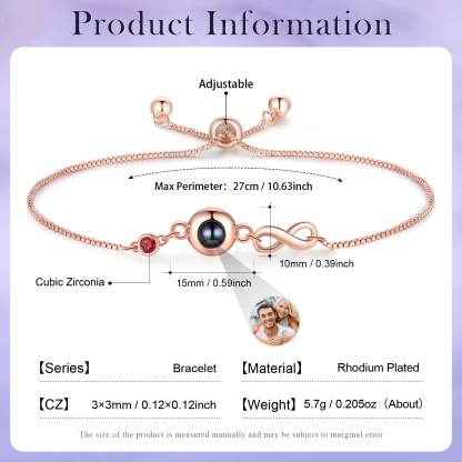 Personalised Infinity Projection Bracelet with 1 Photo & Birthstone Projection Bracelet in Silver or Rose Gold Gift for Her