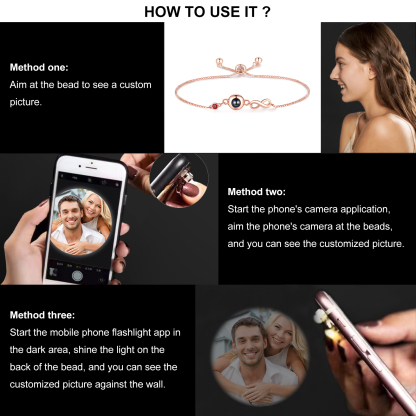 Personalised Infinity Projection Bracelet with 1 Photo & Birthstone Projection Bracelet in Silver or Rose Gold Gift for Her