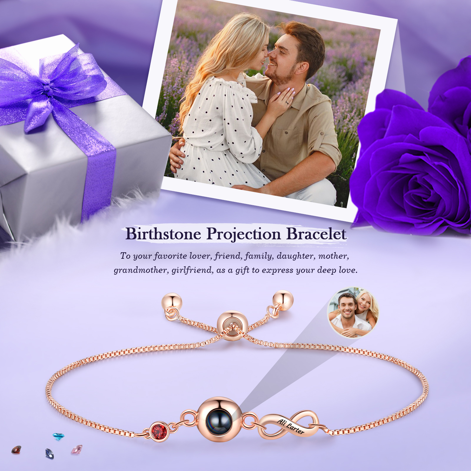 Custom Projection Bracelet with Personalised Photo and Birthstones A Heartfelt Gift for Her