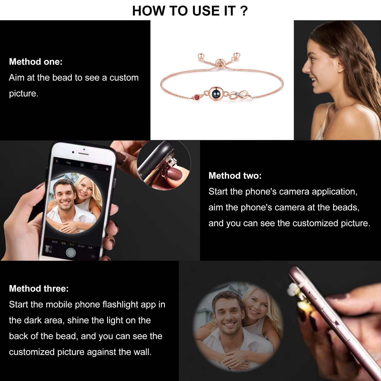 Custom Projection Bracelet with Personalised Photo and Birthstones A Heartfelt Gift for Her