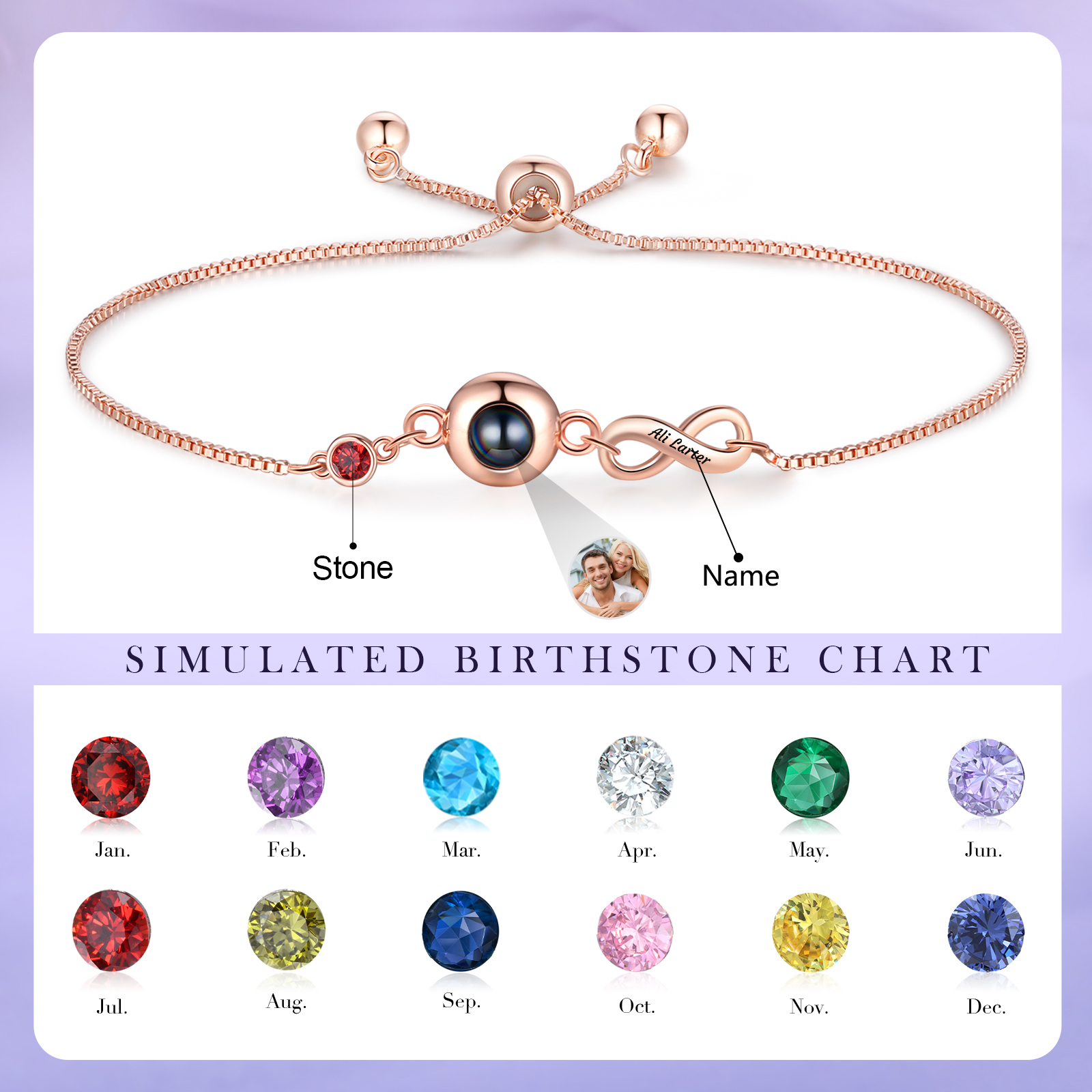 Custom Projection Bracelet with Personalised Photo and Birthstones A Heartfelt Gift for Her