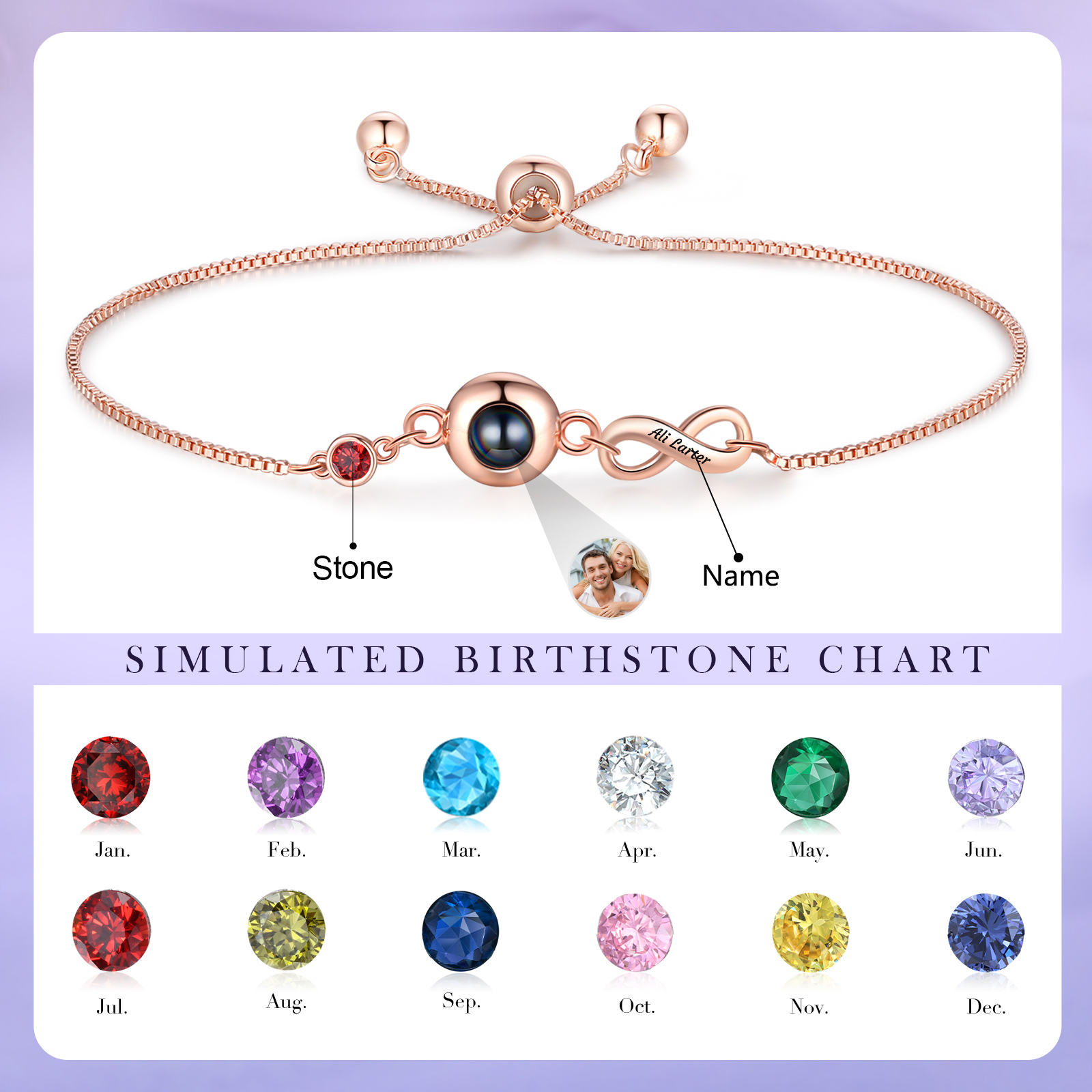 Custom Projection Bracelet with Personalised Photo and Birthstones A Heartfelt Gift for Her