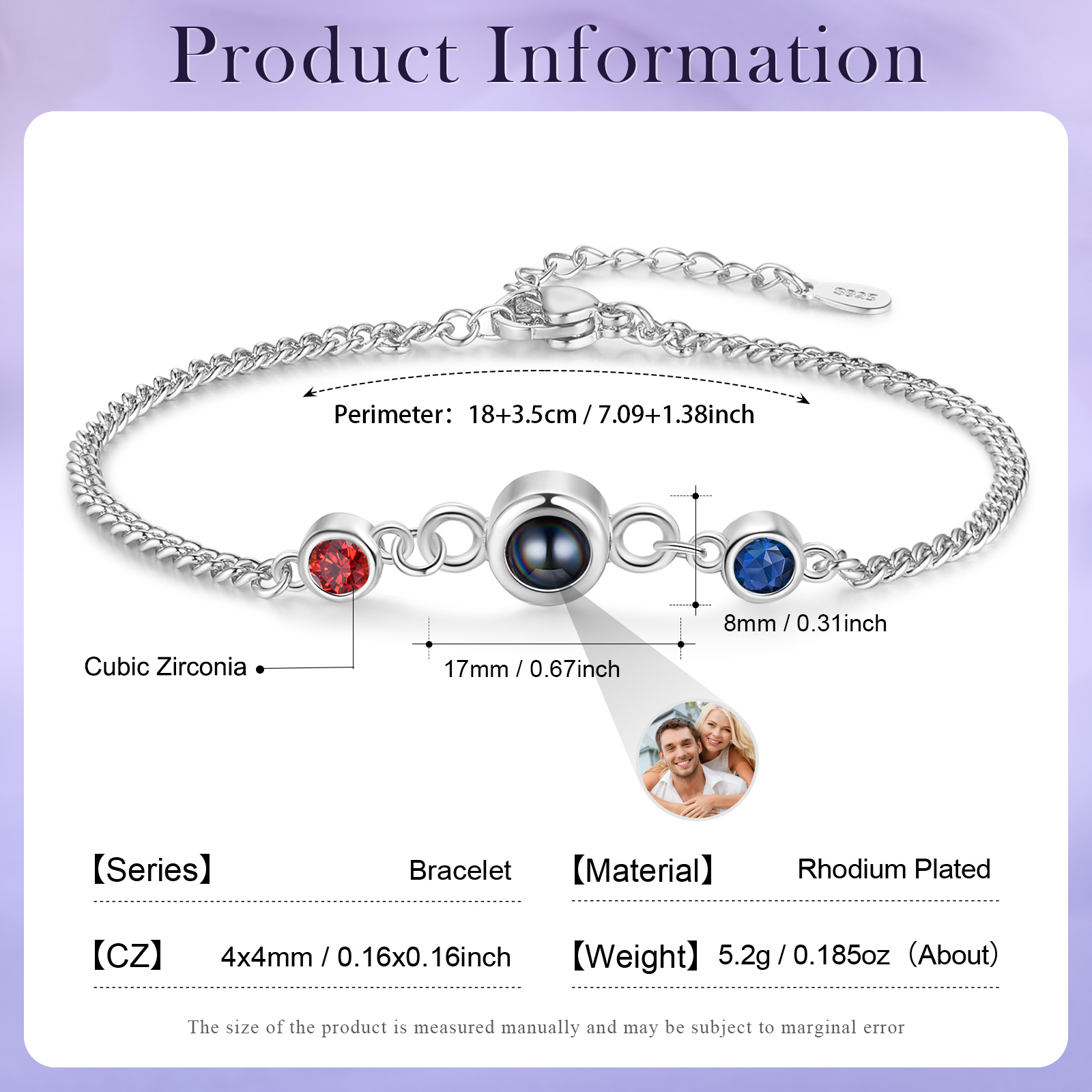 Personalised Projection Bracelet with 1 Photo & 1 Birthstone Adjustable Bracelet in Silver Rose Gold or Gold Gift for Her