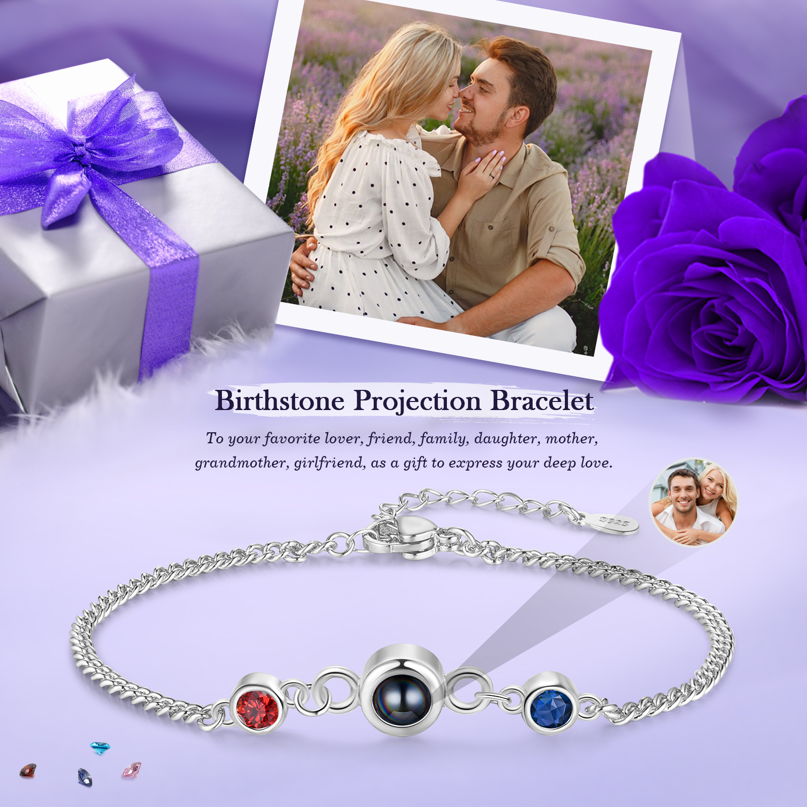 Personalised Projection Bracelet with 1 Photo & 1 Birthstone Adjustable Bracelet in Silver Rose Gold or Gold Gift for Her