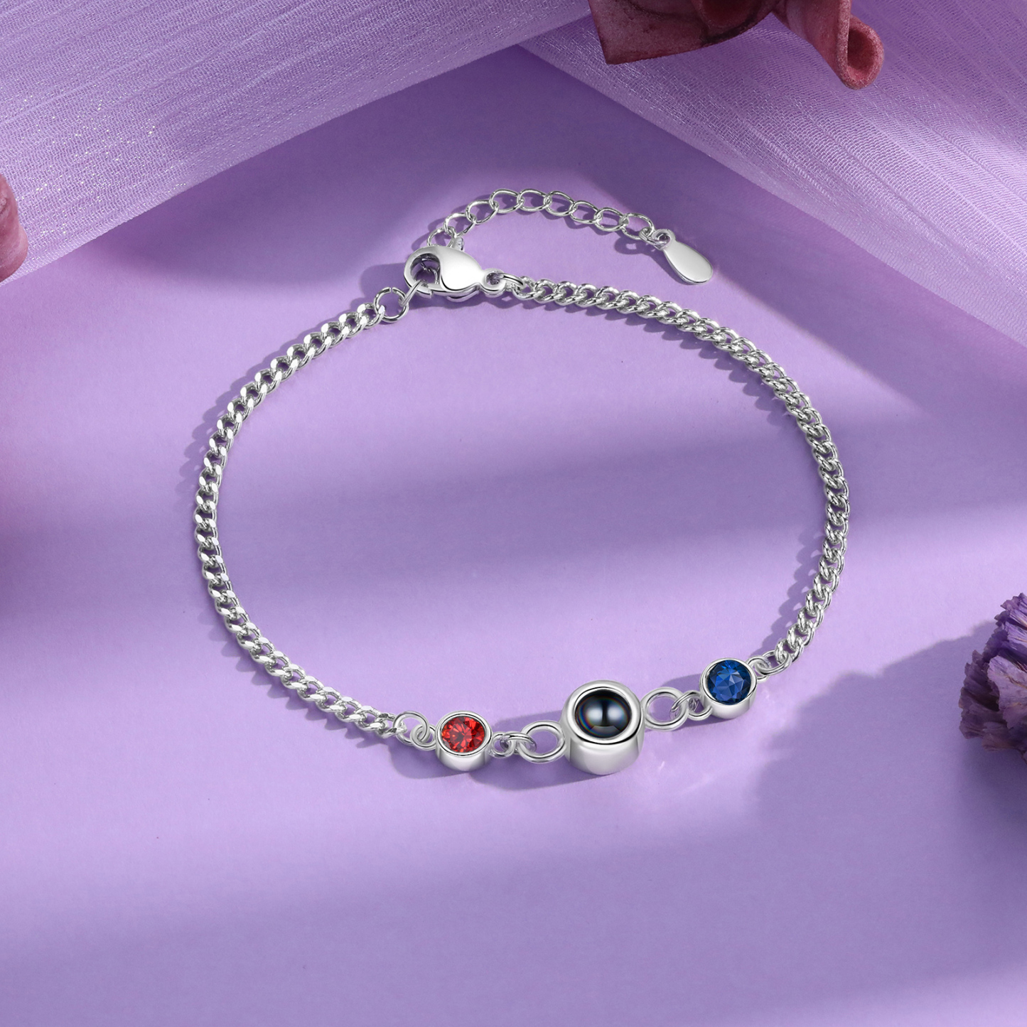 Personalised Projection Bracelet with 1 Photo & 1 Birthstone Adjustable Bracelet in Silver Rose Gold or Gold Gift for Her