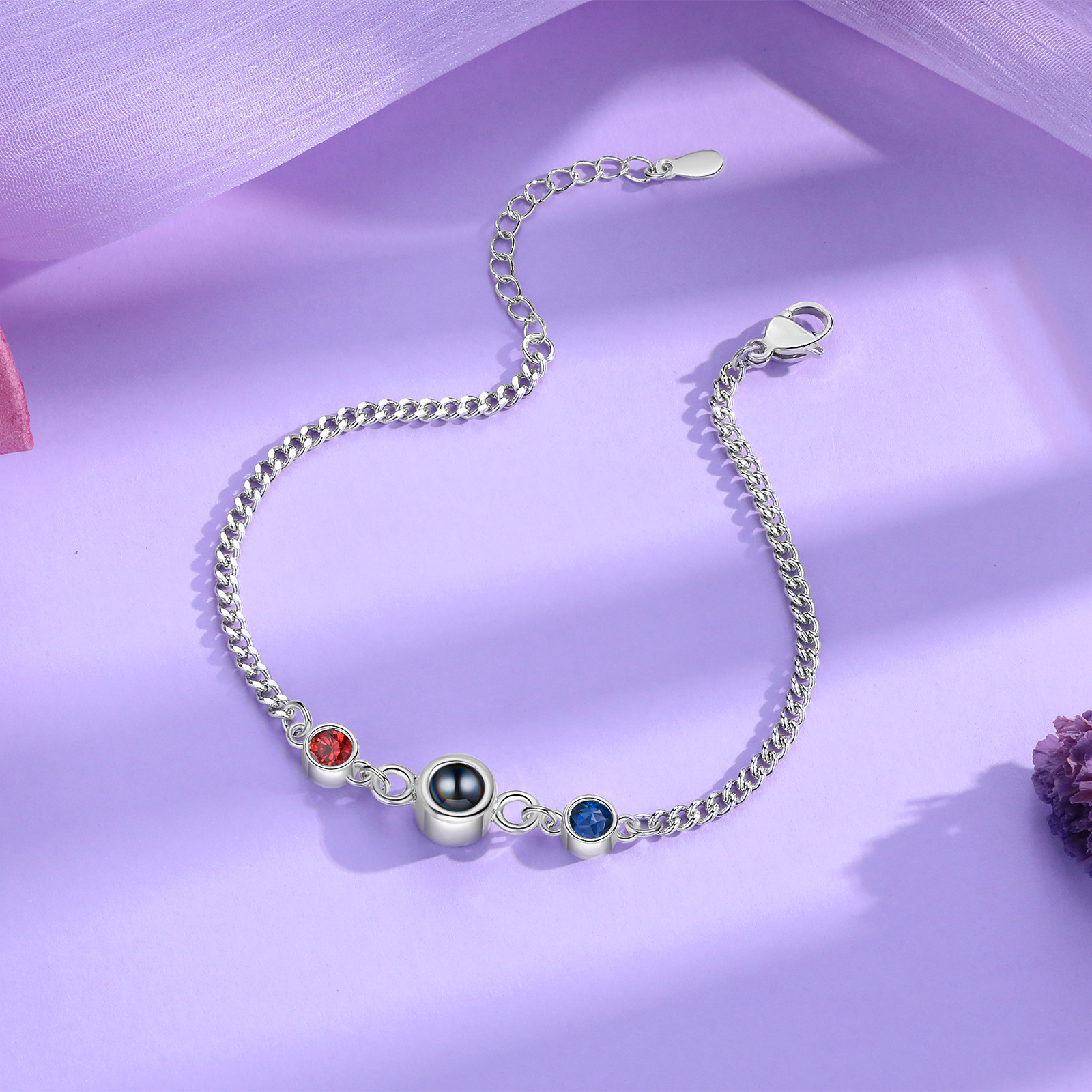 Personalised Projection Bracelet with 1 Photo & 1 Birthstone Adjustable Bracelet in Silver Rose Gold or Gold Gift for Her