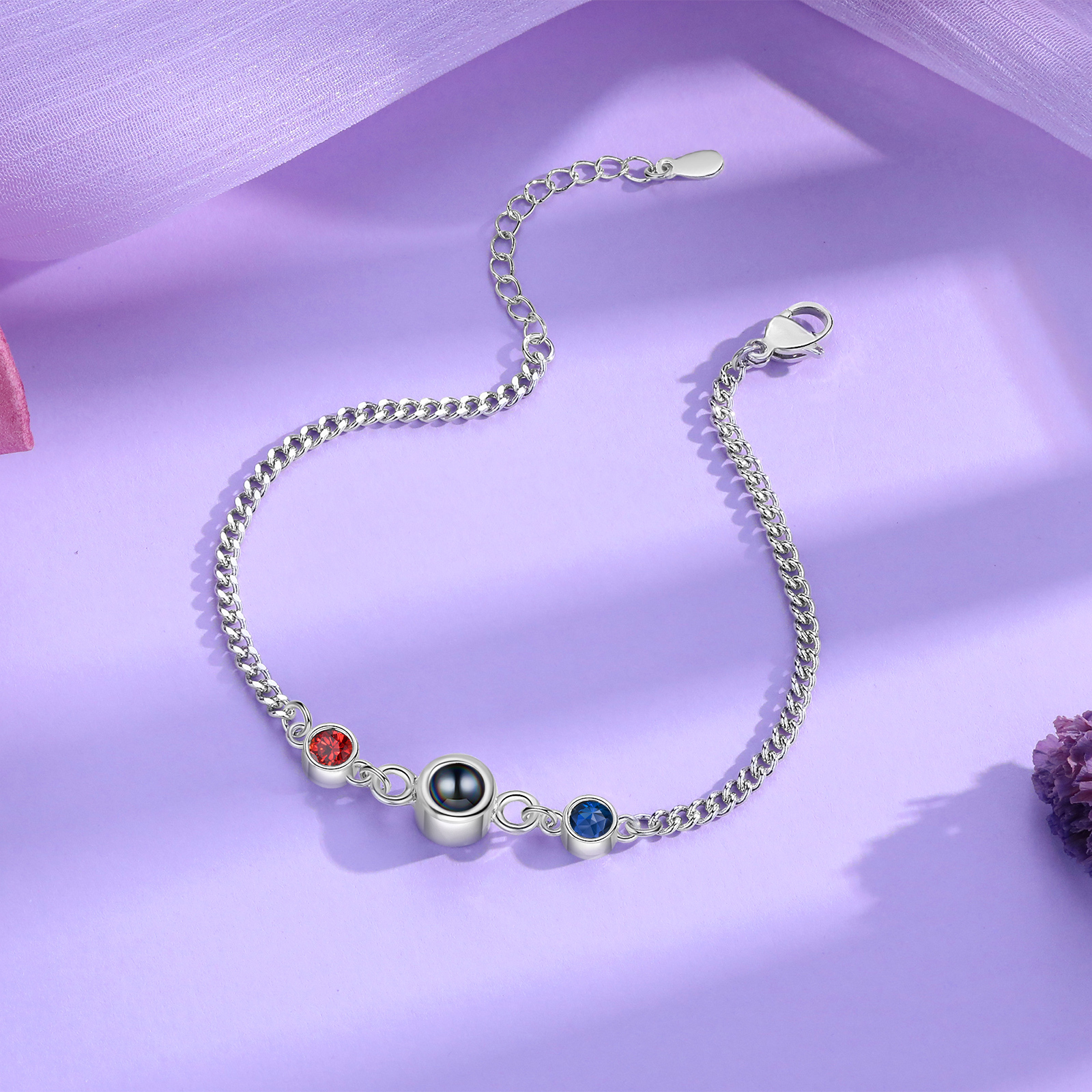 Personalised Projection Bracelet with 1 Photo & 1 Birthstone Adjustable Bracelet in Silver Rose Gold or Gold Gift for Her