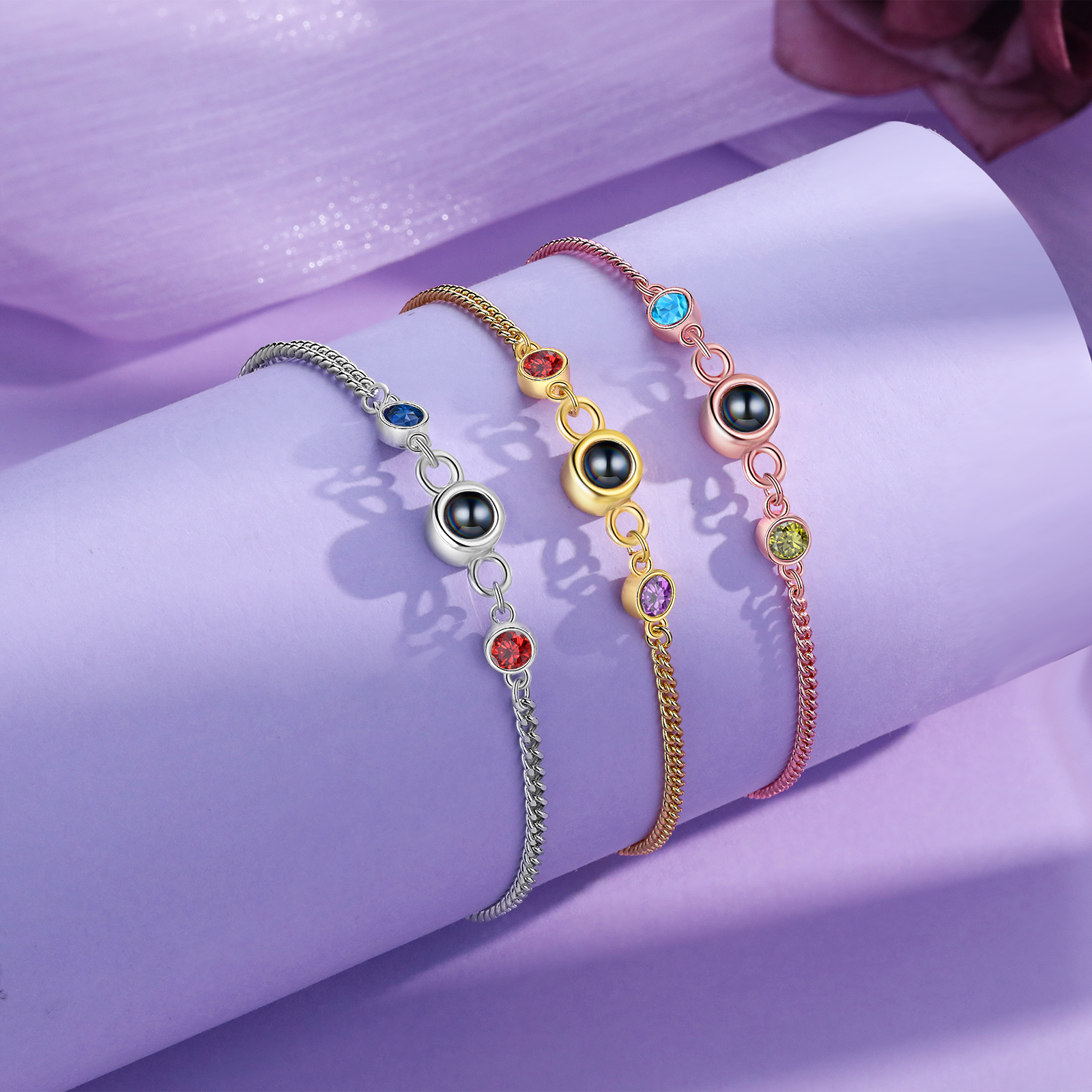 Personalised Projection Bracelet with 1 Photo & 1 Birthstone Adjustable Bracelet in Silver Rose Gold or Gold Gift for Her