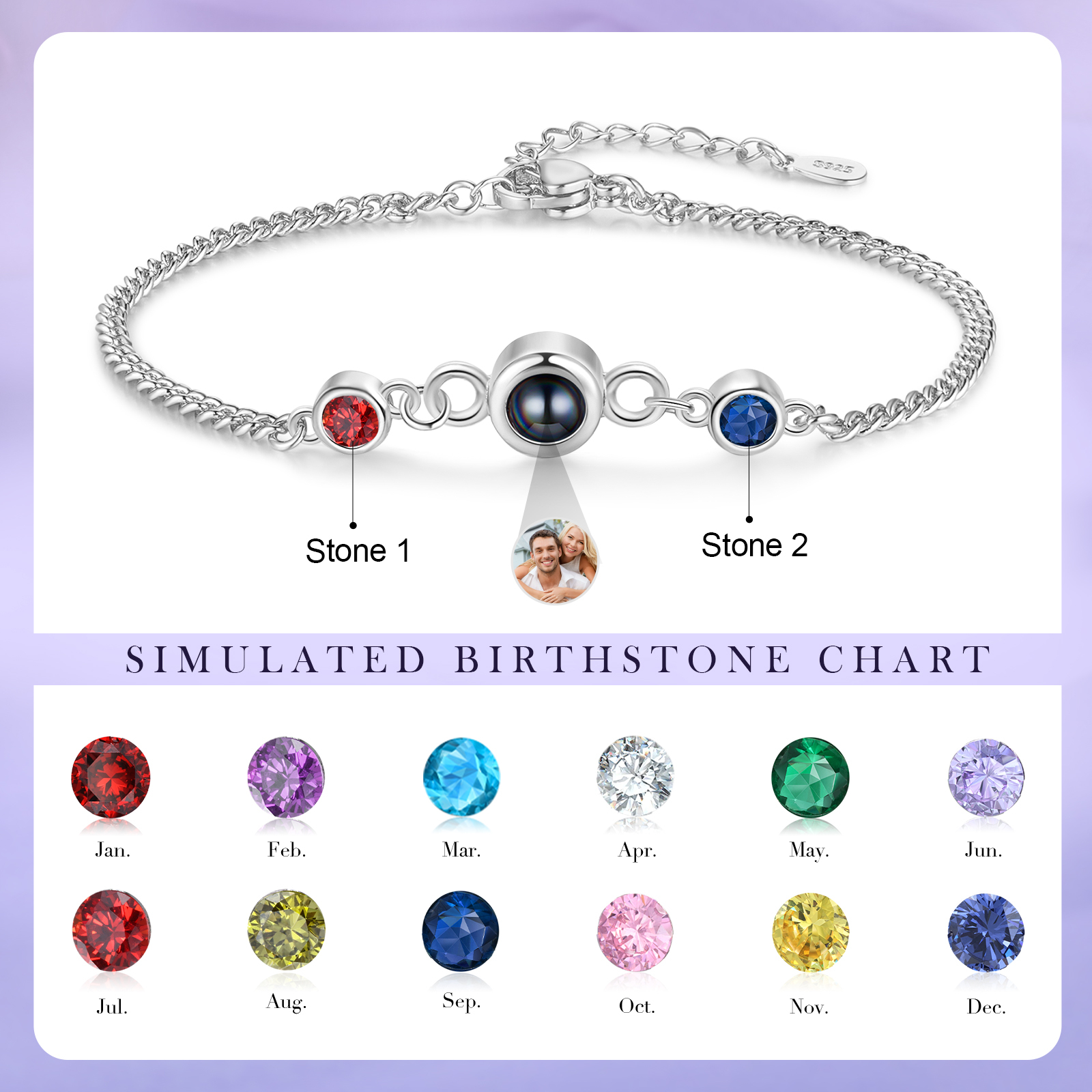 Personalised Projection Bracelet with 1 Photo & 1 Birthstone Adjustable Bracelet in Silver Rose Gold or Gold Gift for Her