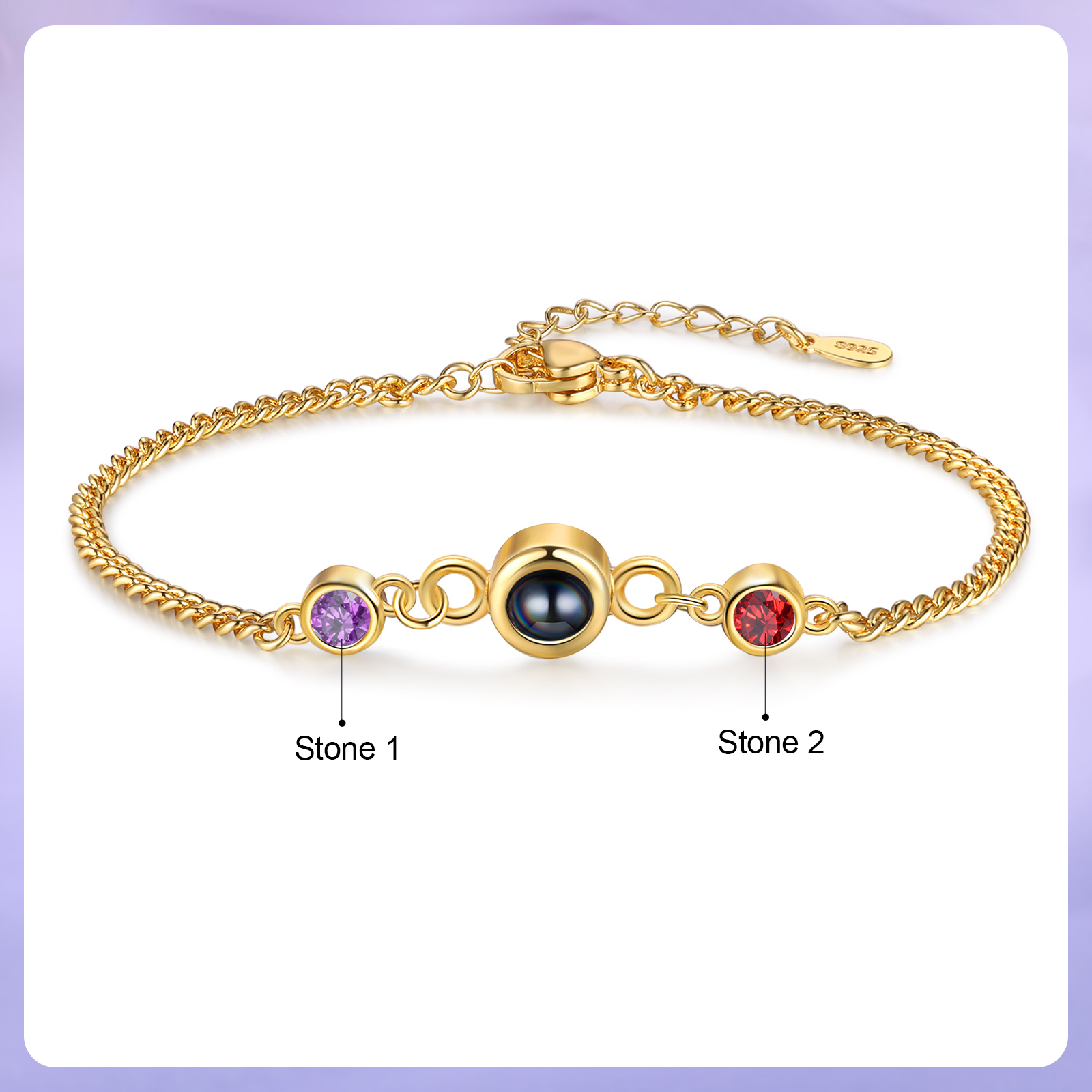 Personalised Projection Bracelet with 1 Photo & 1 Birthstone Adjustable Bracelet in Silver Rose Gold or Gold Gift for Her