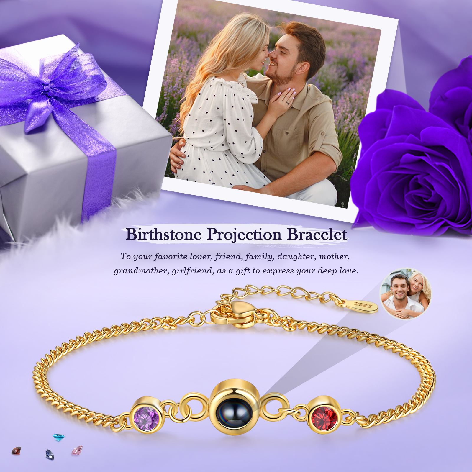 Personalised Projection Bracelet with 1 Photo & 1 Birthstone Adjustable Bracelet in Silver Rose Gold or Gold Gift for Her