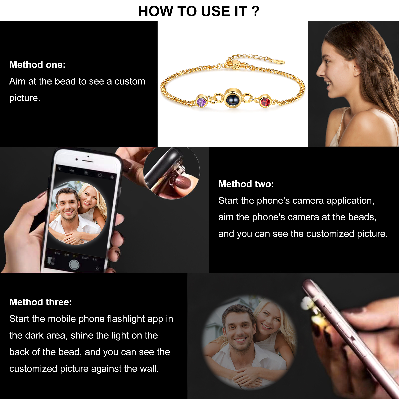 Personalised Projection Bracelet with 1 Photo & 1 Birthstone Adjustable Bracelet in Silver Rose Gold or Gold Gift for Her