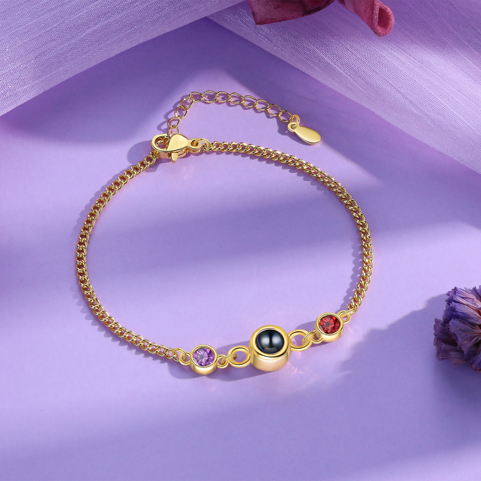 Personalised Projection Bracelet with 1 Photo & 1 Birthstone Adjustable Bracelet in Silver Rose Gold or Gold Gift for Her