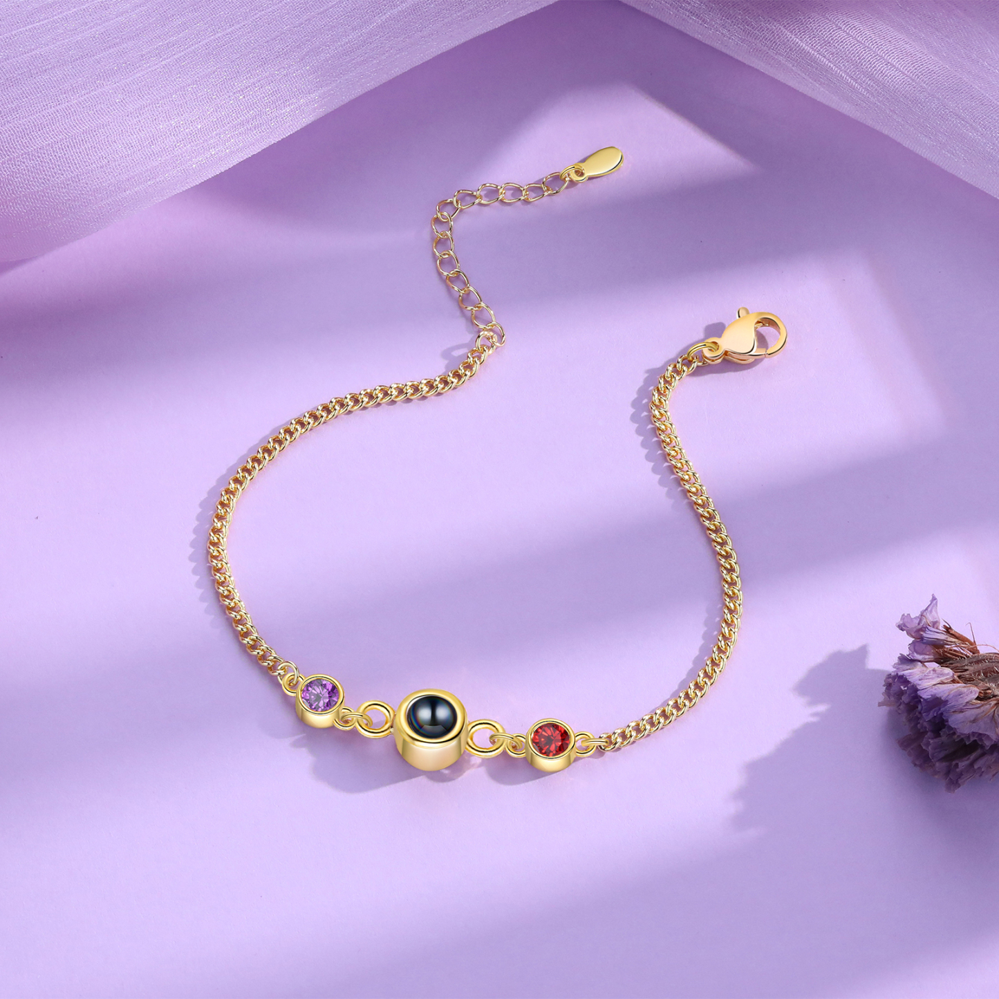 Personalised Projection Bracelet with 1 Photo & 1 Birthstone Adjustable Bracelet in Silver Rose Gold or Gold Gift for Her