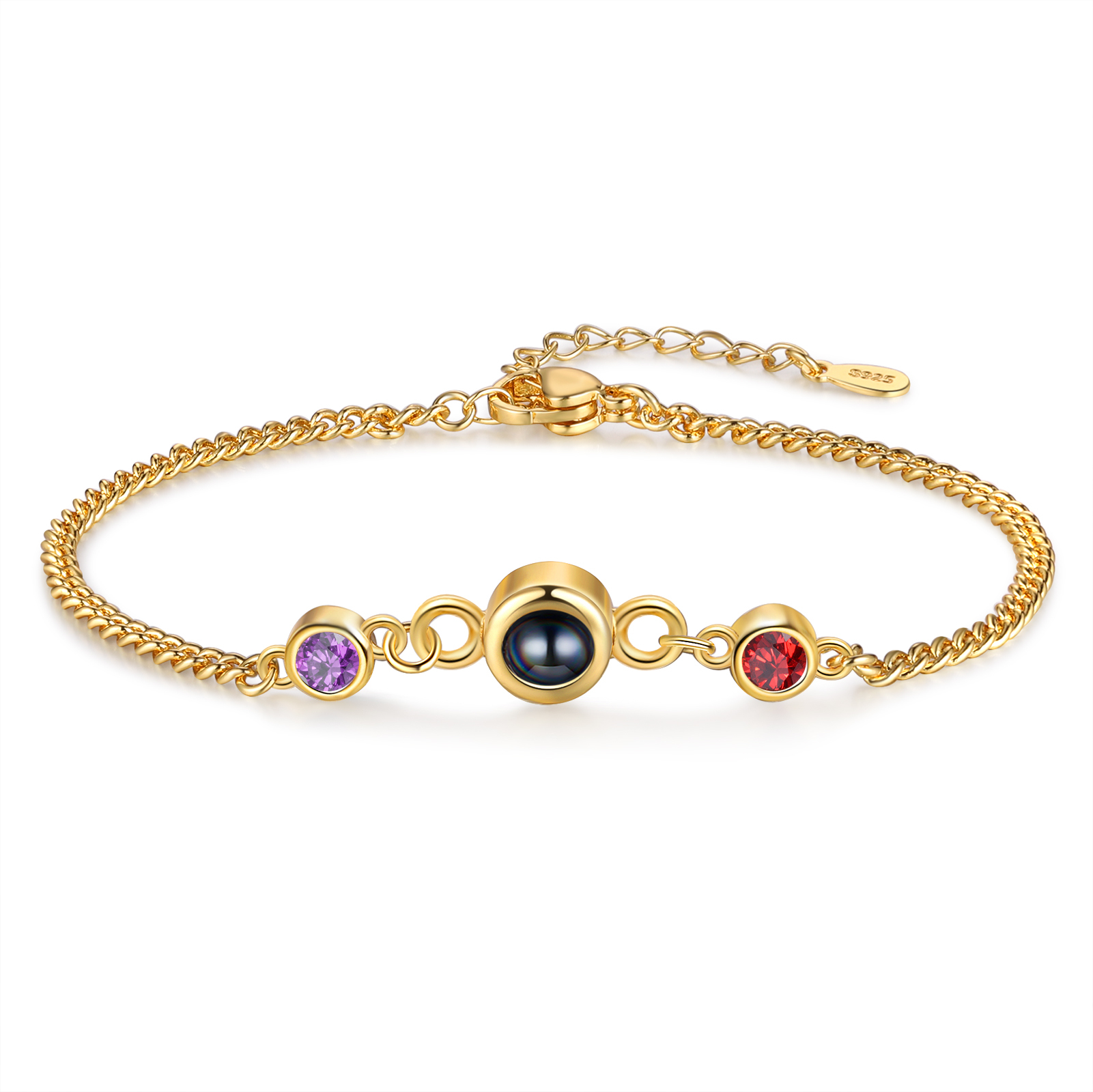 Personalised Projection Bracelet with 1 Photo & 1 Birthstone Adjustable Bracelet in Silver Rose Gold or Gold Gift for Her