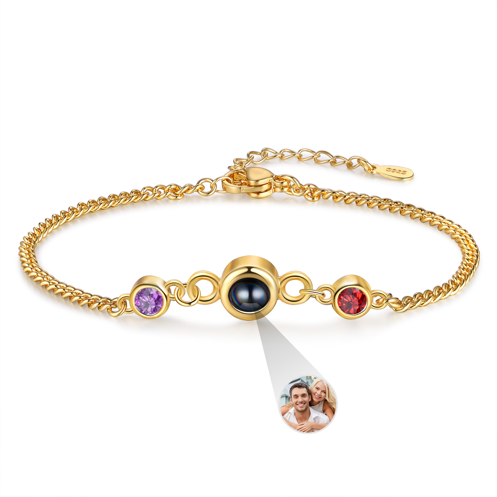 Personalised Projection Bracelet with 1 Photo & 1 Birthstone Adjustable Bracelet in Silver Rose Gold or Gold Gift for Her