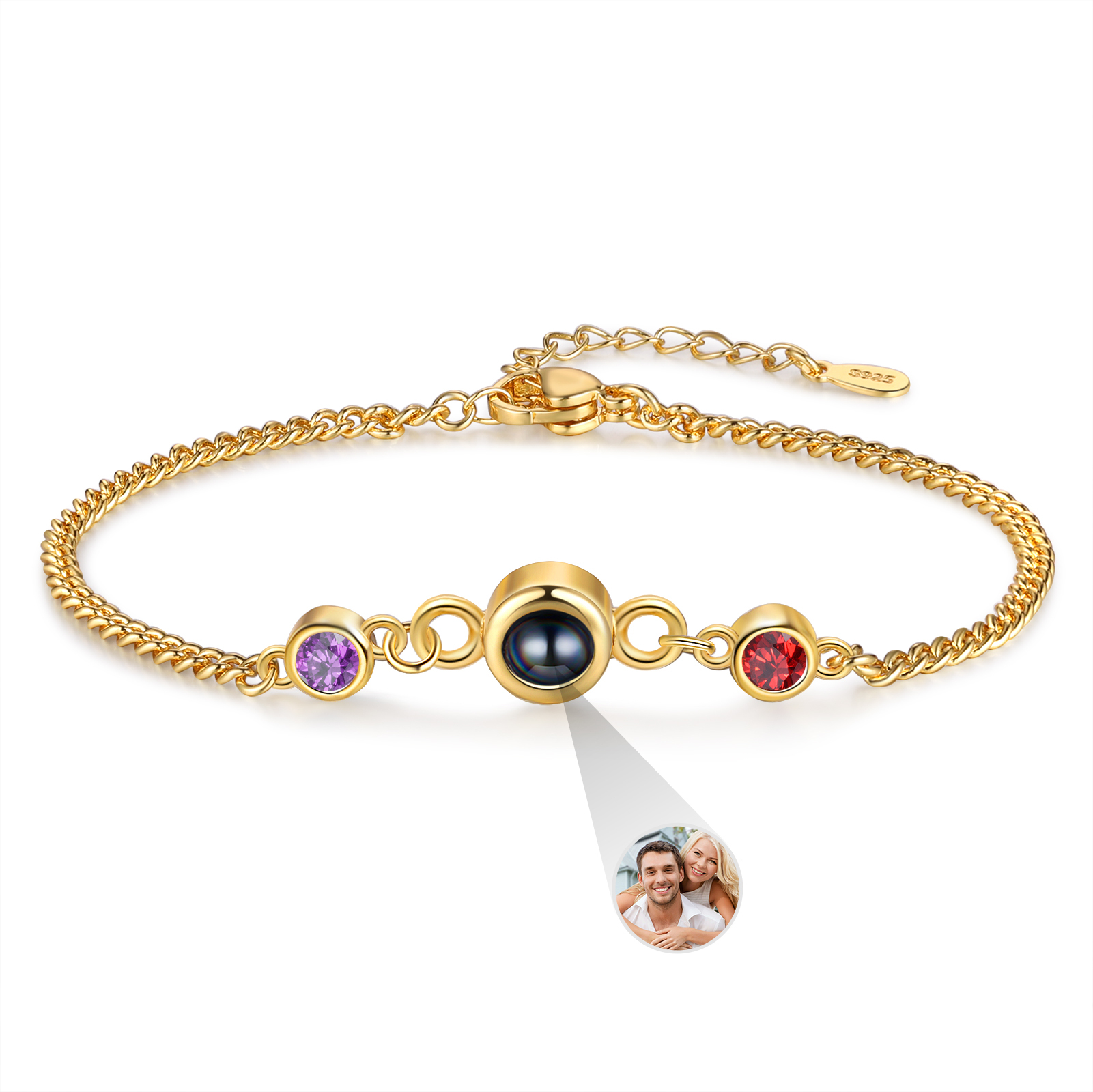 Personalised Projection Bracelet with 1 Photo & 1 Birthstone Adjustable Bracelet in Silver Rose Gold or Gold Gift for Her