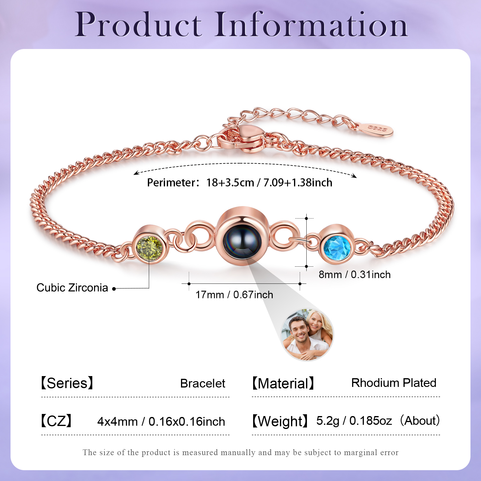Personalised Projection Bracelet with 1 Photo & 1 Birthstone Adjustable Bracelet in Silver Rose Gold or Gold Gift for Her
