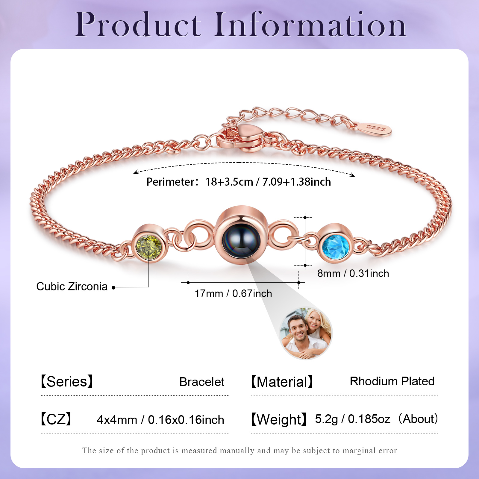 Personalised Projection Bracelet with 1 Photo & 1 Birthstone Adjustable Bracelet in Silver Rose Gold or Gold Gift for Her