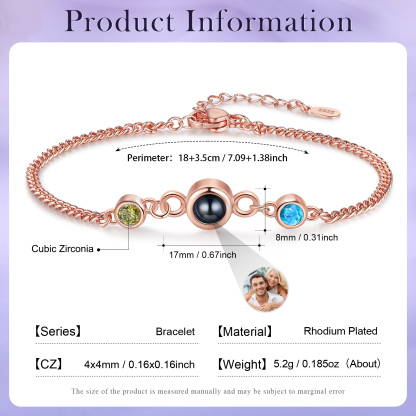 Personalised Projection Bracelet with 1 Photo & 1 Birthstone Adjustable Bracelet in Silver Rose Gold or Gold Gift for Her