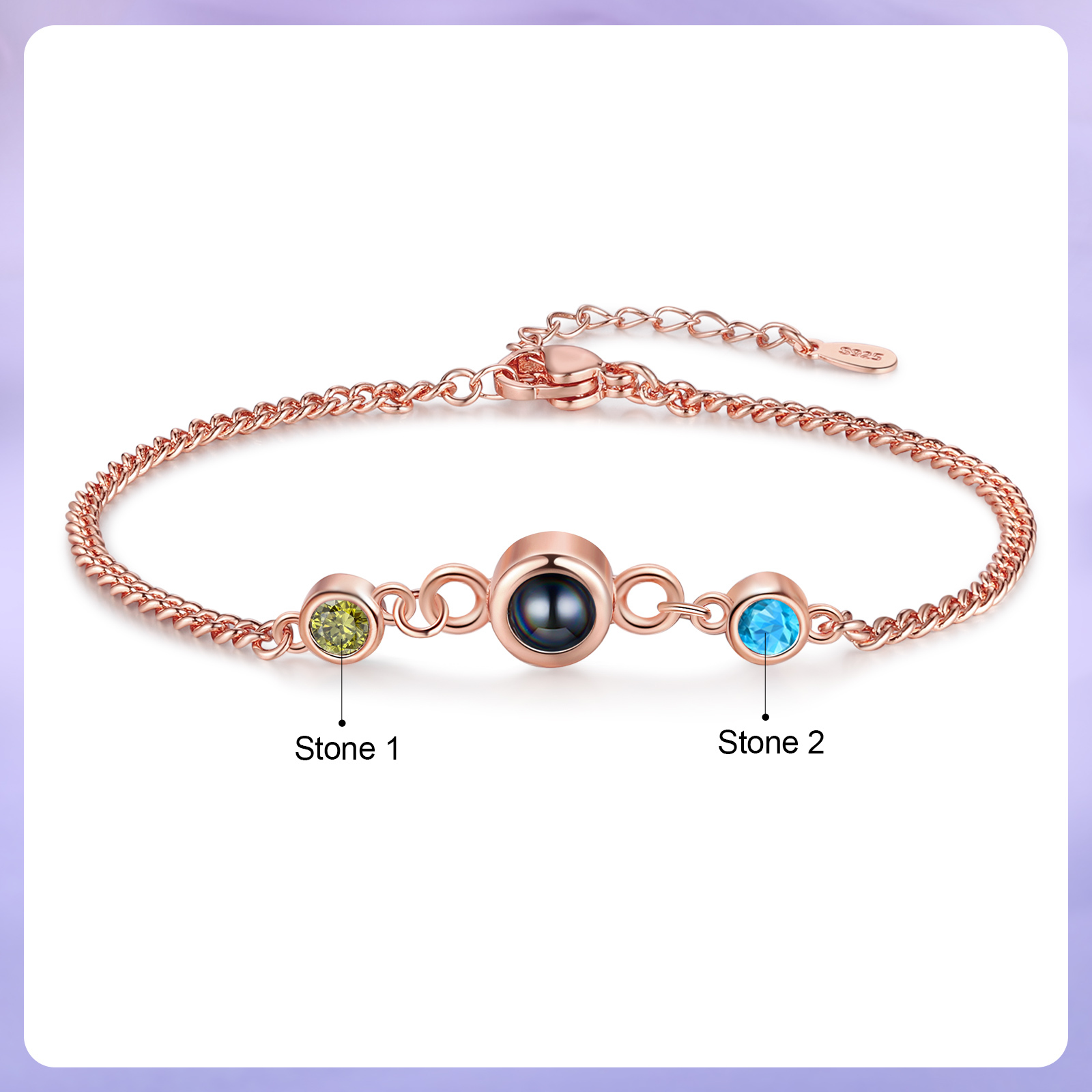Personalised Projection Bracelet with 1 Photo & 1 Birthstone Adjustable Bracelet in Silver Rose Gold or Gold Gift for Her