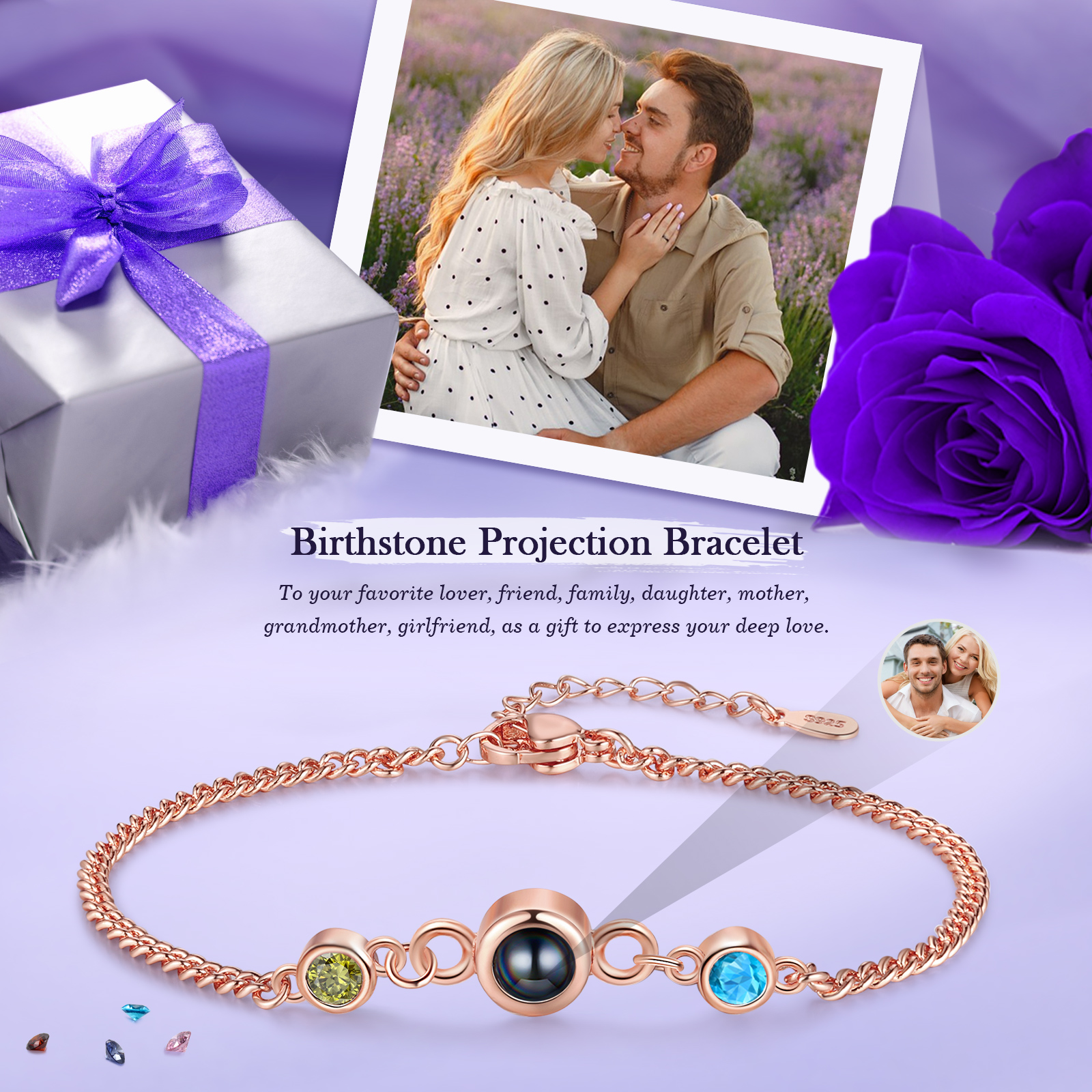 Personalised Projection Bracelet with 1 Photo & 1 Birthstone Adjustable Bracelet in Silver Rose Gold or Gold Gift for Her