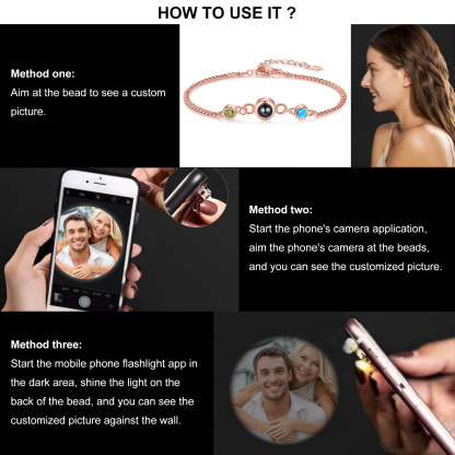 Personalised Projection Bracelet with 1 Photo & 1 Birthstone Adjustable Bracelet in Silver Rose Gold or Gold Gift for Her