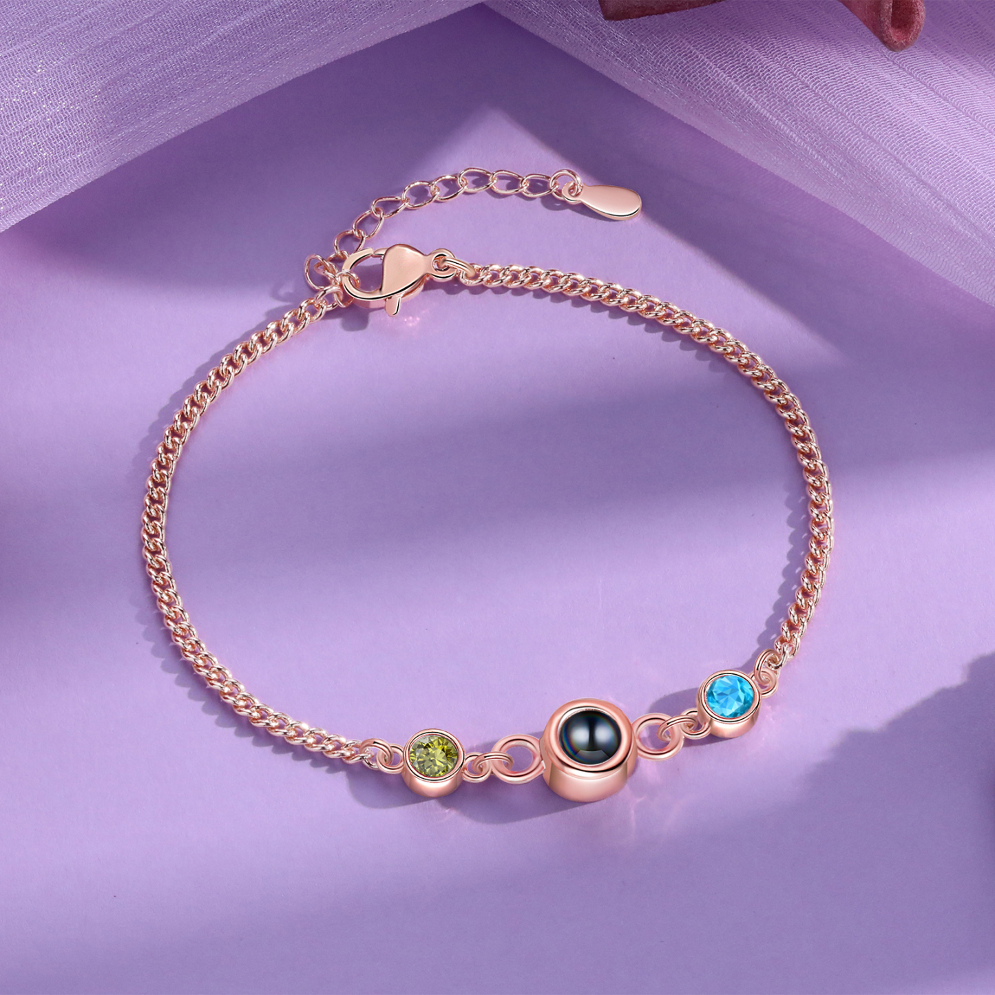 Personalised Projection Bracelet with 1 Photo & 1 Birthstone Adjustable Bracelet in Silver Rose Gold or Gold Gift for Her