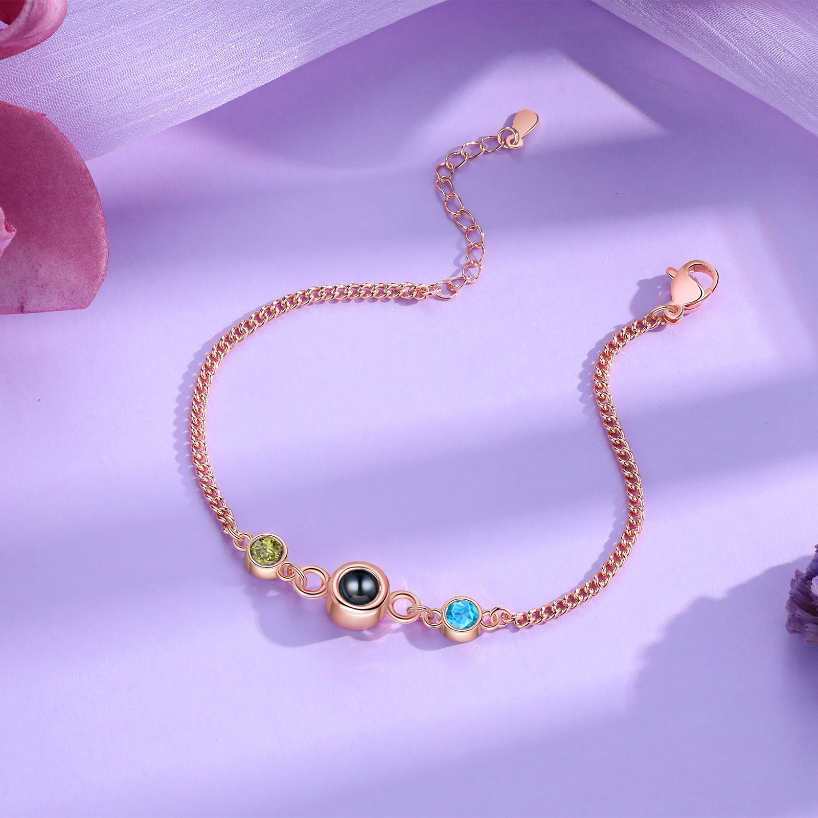 Personalised Projection Bracelet with 1 Photo & 1 Birthstone Adjustable Bracelet in Silver Rose Gold or Gold Gift for Her