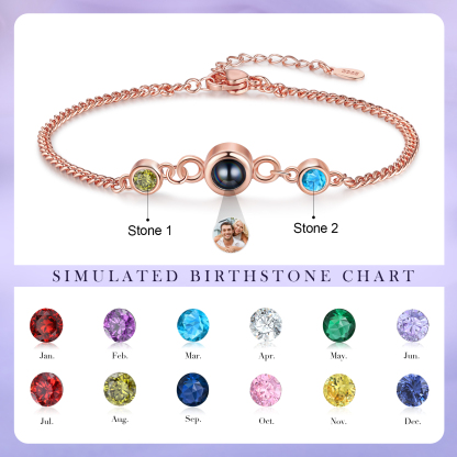 Personalised Projection Bracelet with 1 Photo & 1 Birthstone Adjustable Bracelet in Silver Rose Gold or Gold Gift for Her