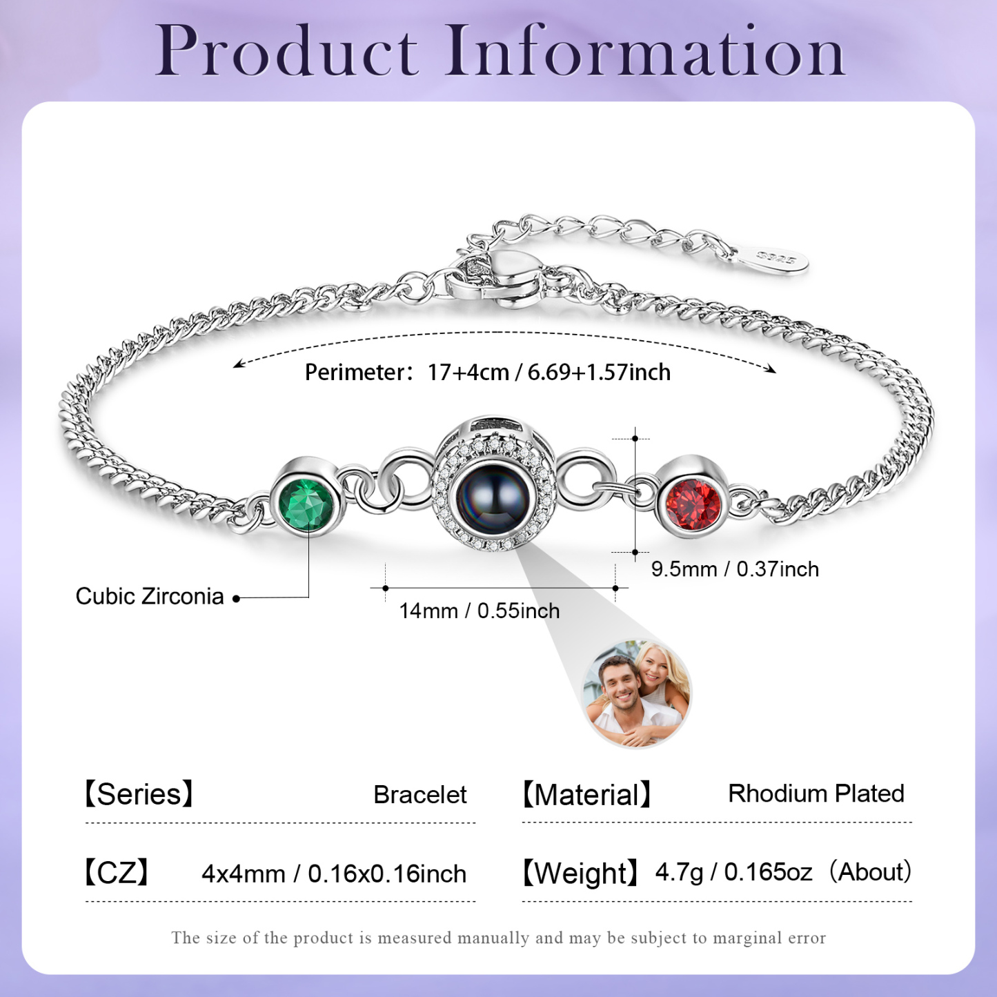 Personalised Projection Bracelet with Photo and 2 Birthstones  Adjustable in Silver Rose Gold or Gold Thoughtful Gift for Her