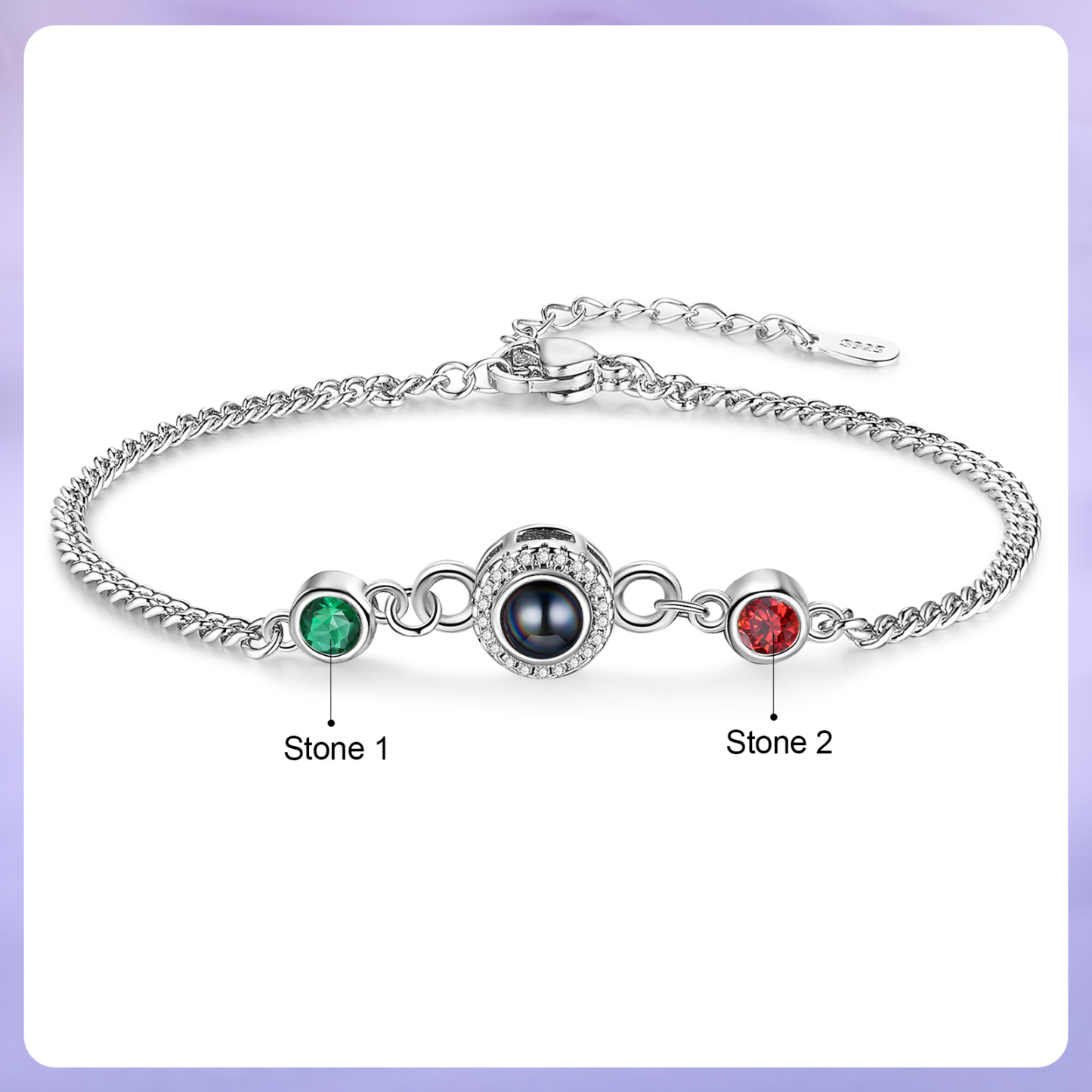 Personalised Projection Bracelet with Photo and 2 Birthstones  Adjustable in Silver Rose Gold or Gold Thoughtful Gift for Her