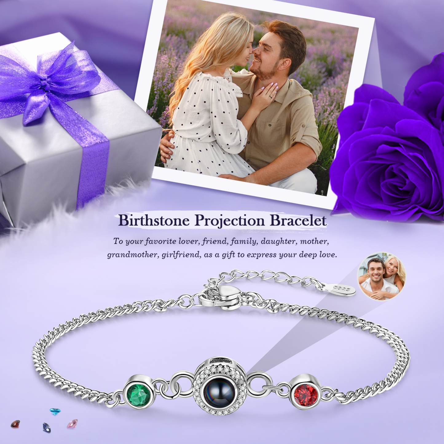 Personalised Projection Bracelet with Photo and 2 Birthstones  Adjustable in Silver Rose Gold or Gold Thoughtful Gift for Her
