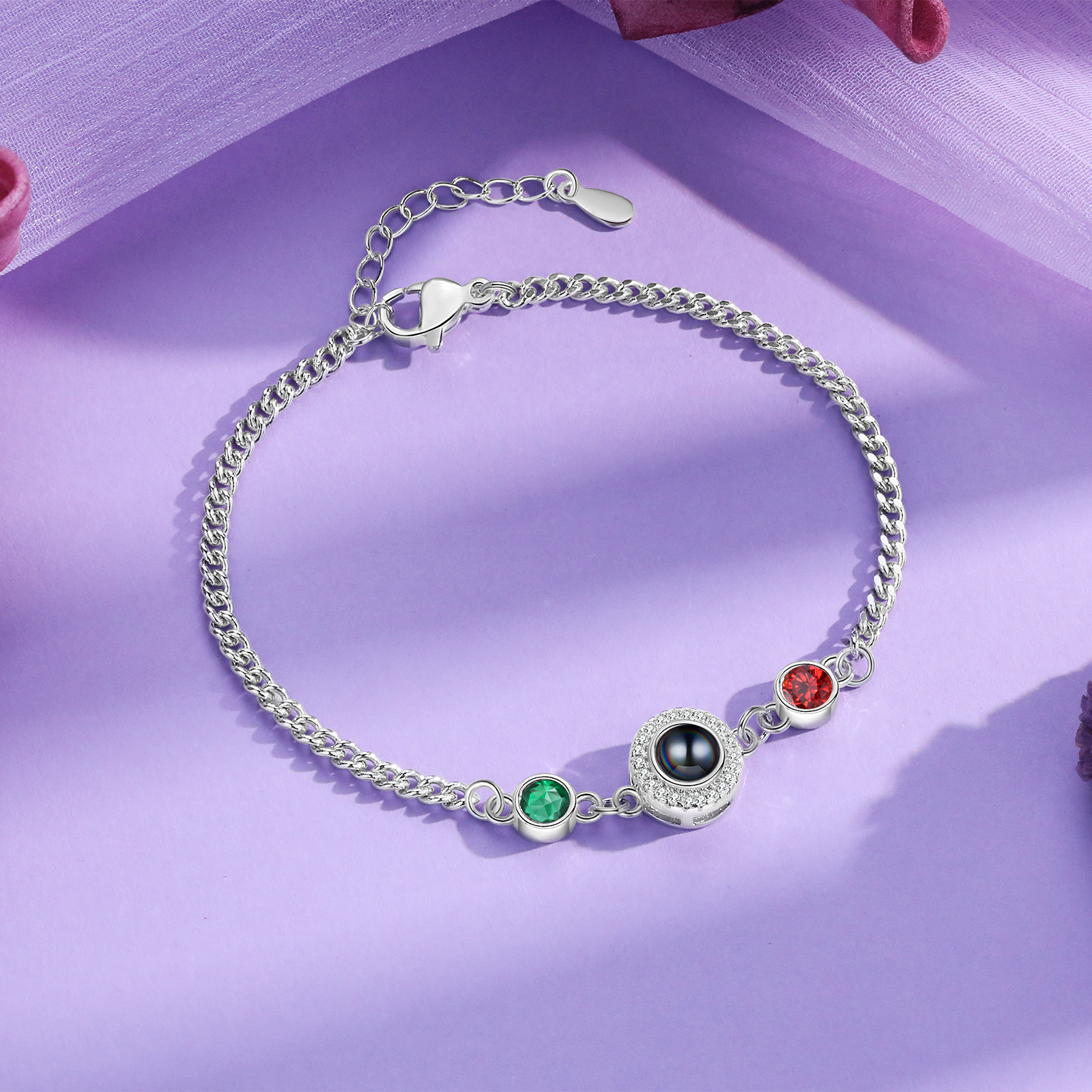 Personalised Projection Bracelet with Photo and 2 Birthstones  Adjustable in Silver Rose Gold or Gold Thoughtful Gift for Her