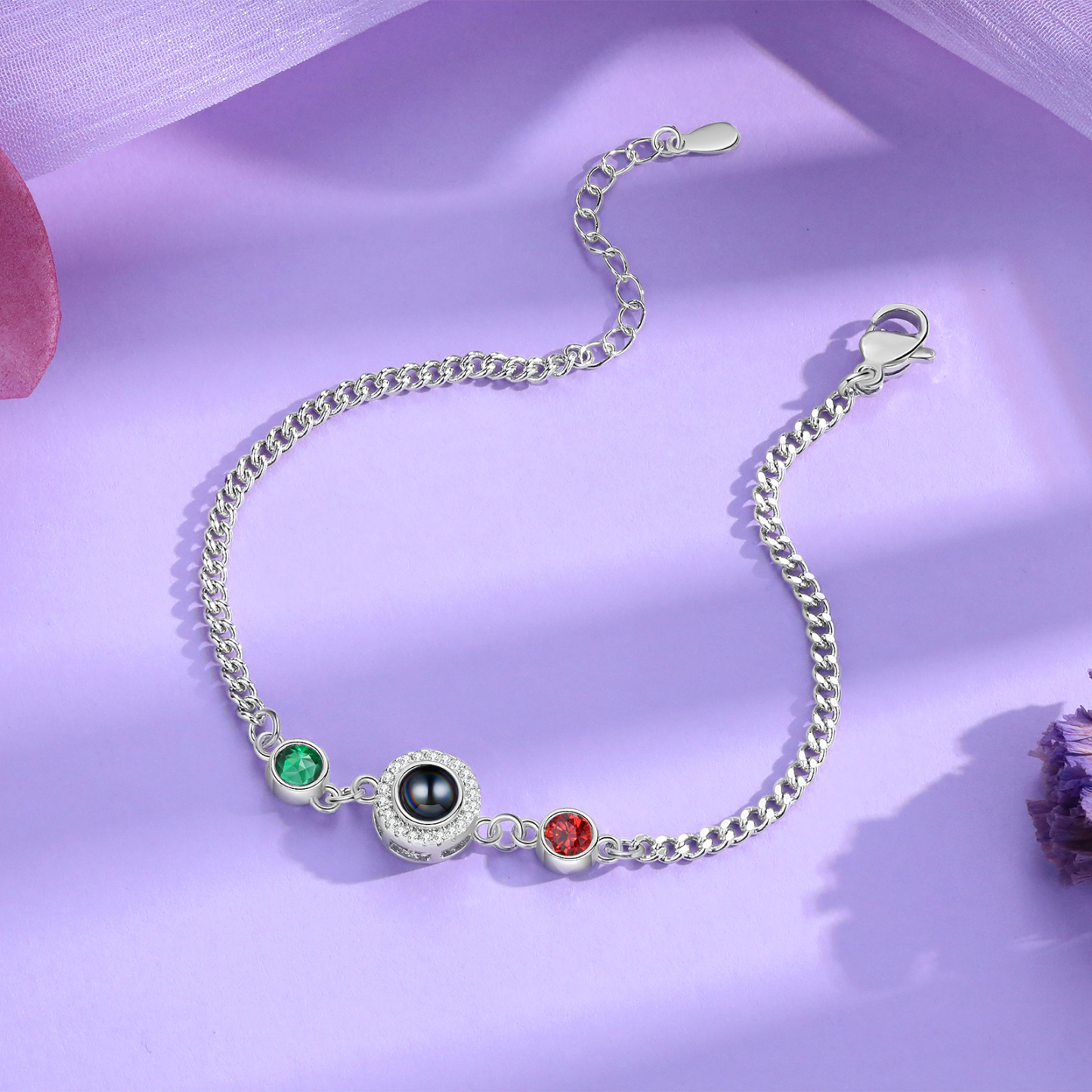 Personalised Projection Bracelet with Photo and 2 Birthstones  Adjustable in Silver Rose Gold or Gold Thoughtful Gift for Her