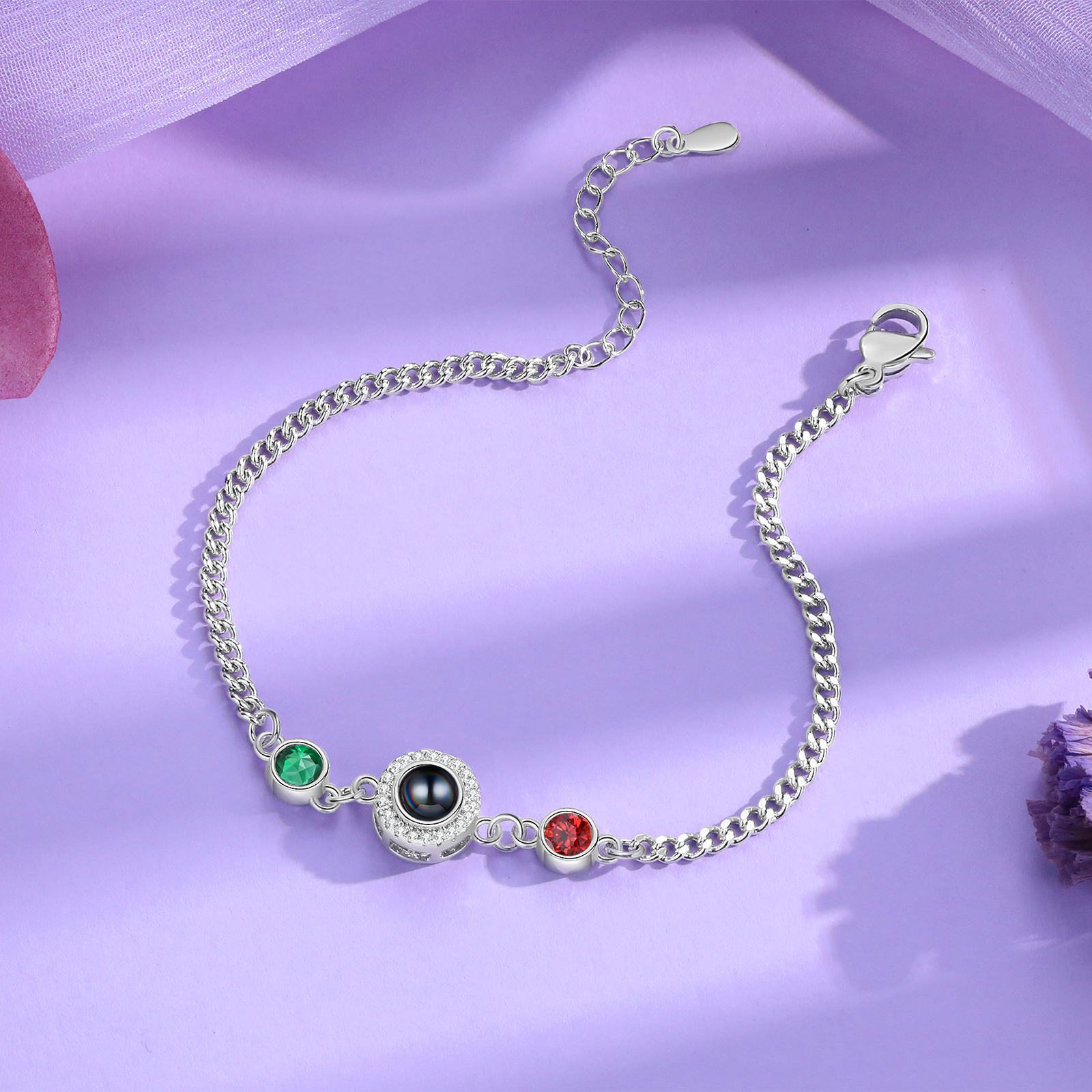 Personalised Projection Bracelet with Photo and 2 Birthstones  Adjustable in Silver Rose Gold or Gold Thoughtful Gift for Her