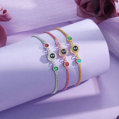 Personalised Projection Bracelet with Photo and 2 Birthstones  Adjustable in Silver Rose Gold or Gold Thoughtful Gift for Her