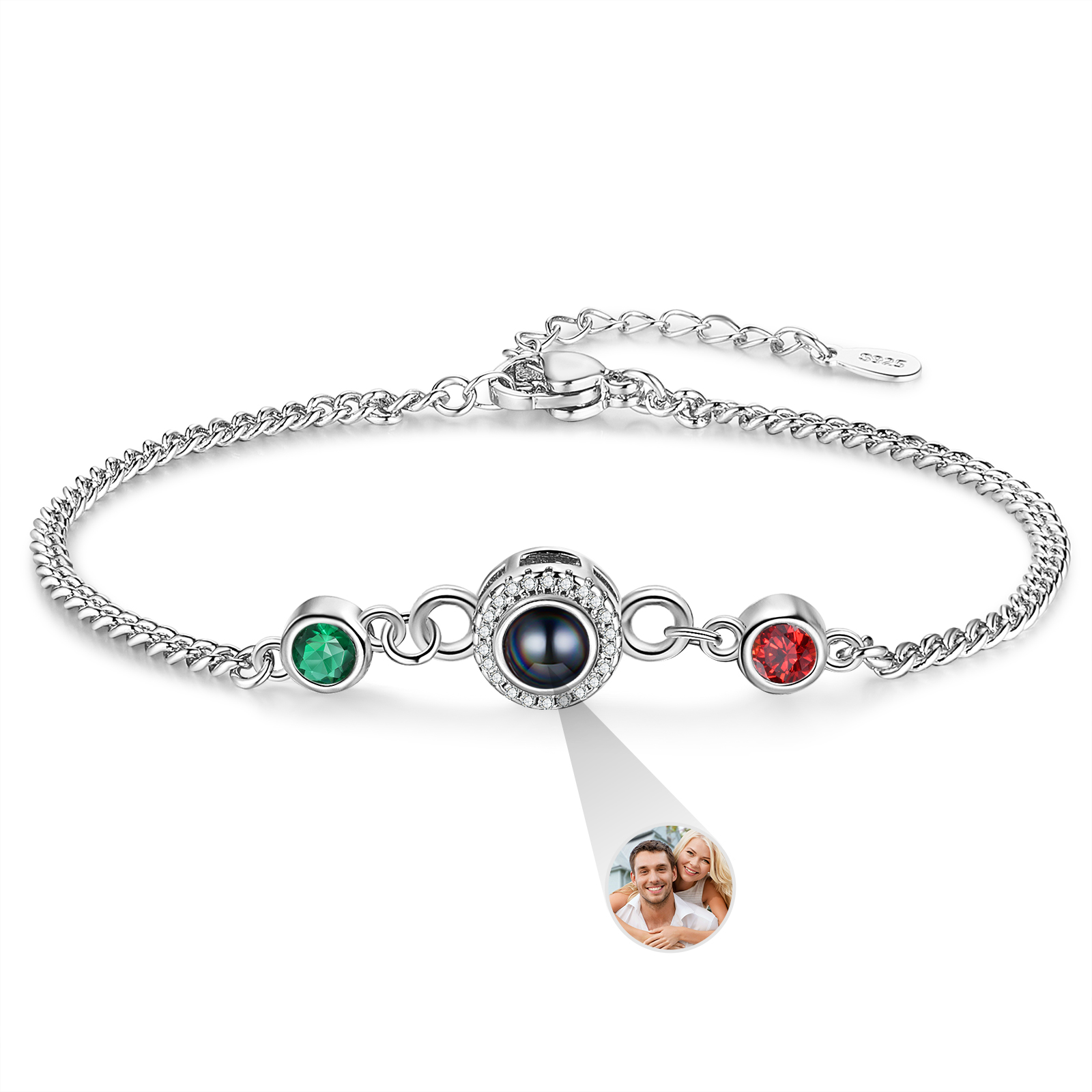 Personalised Projection Bracelet with Photo and 2 Birthstones  Adjustable in Silver Rose Gold or Gold Thoughtful Gift for Her