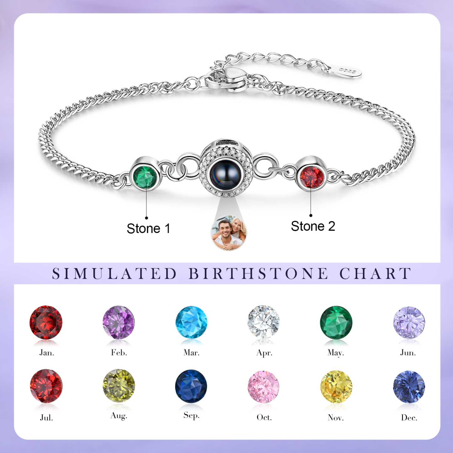 Personalised Projection Bracelet with Photo and 2 Birthstones  Adjustable in Silver Rose Gold or Gold Thoughtful Gift for Her