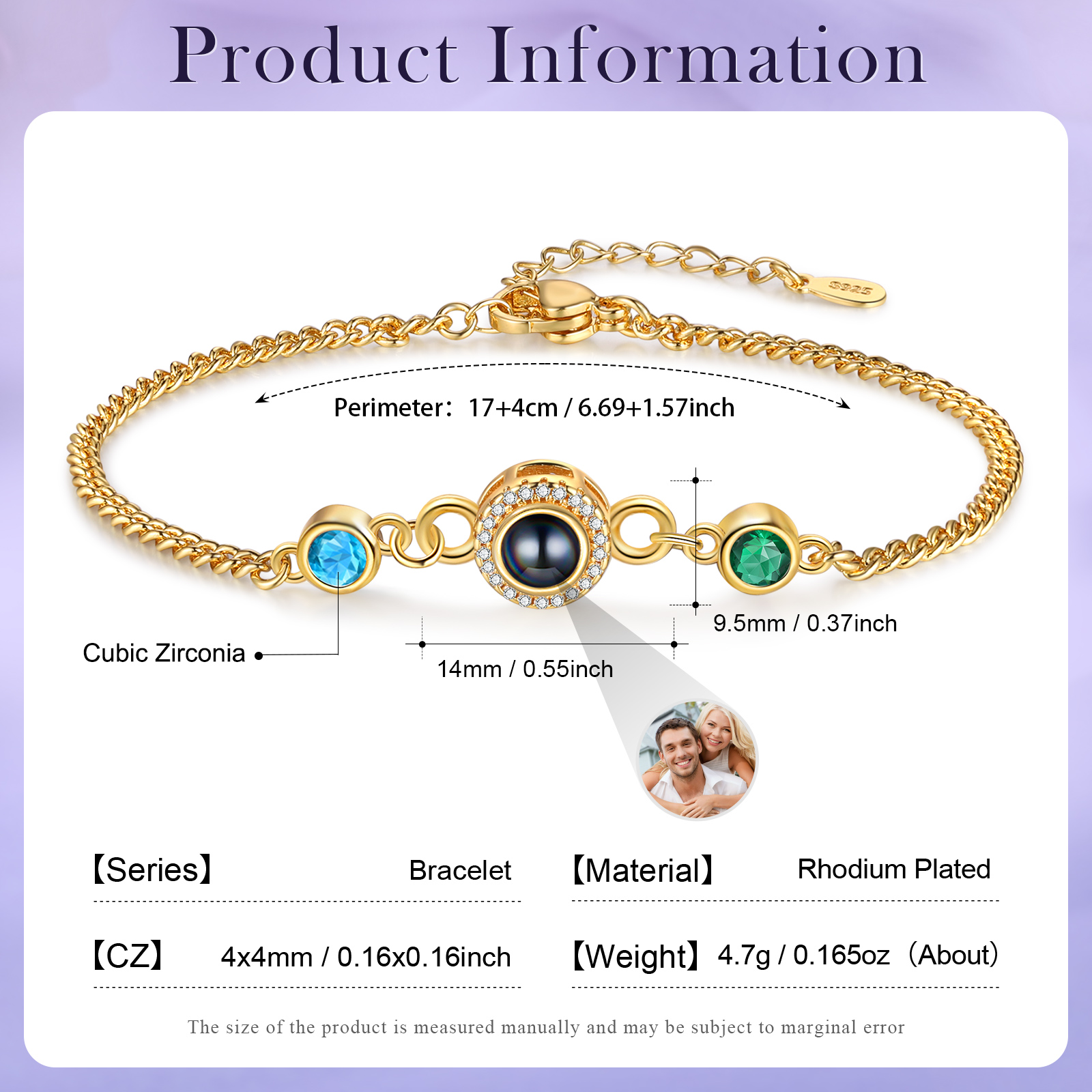 Personalised Projection Bracelet with Photo and 2 Birthstones  Adjustable in Silver Rose Gold or Gold Thoughtful Gift for Her