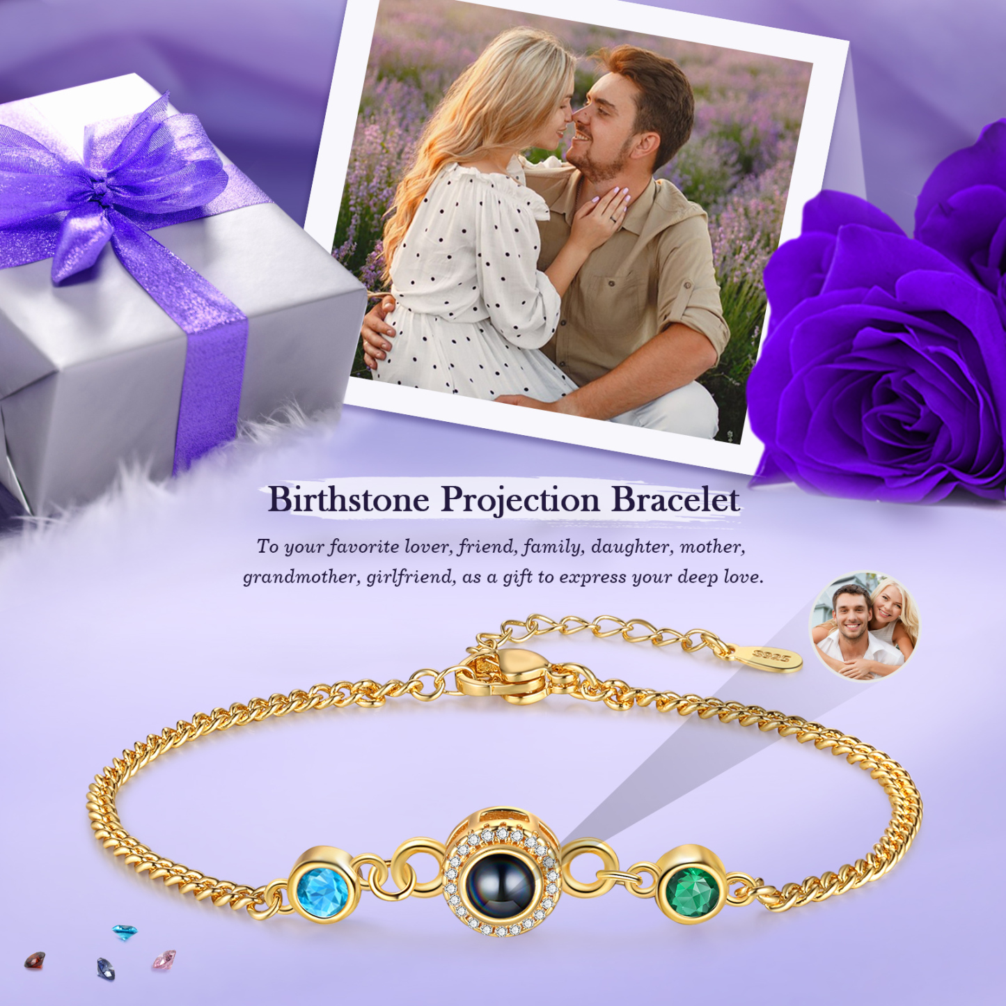 Personalised Projection Bracelet with Photo and 2 Birthstones  Adjustable in Silver Rose Gold or Gold Thoughtful Gift for Her